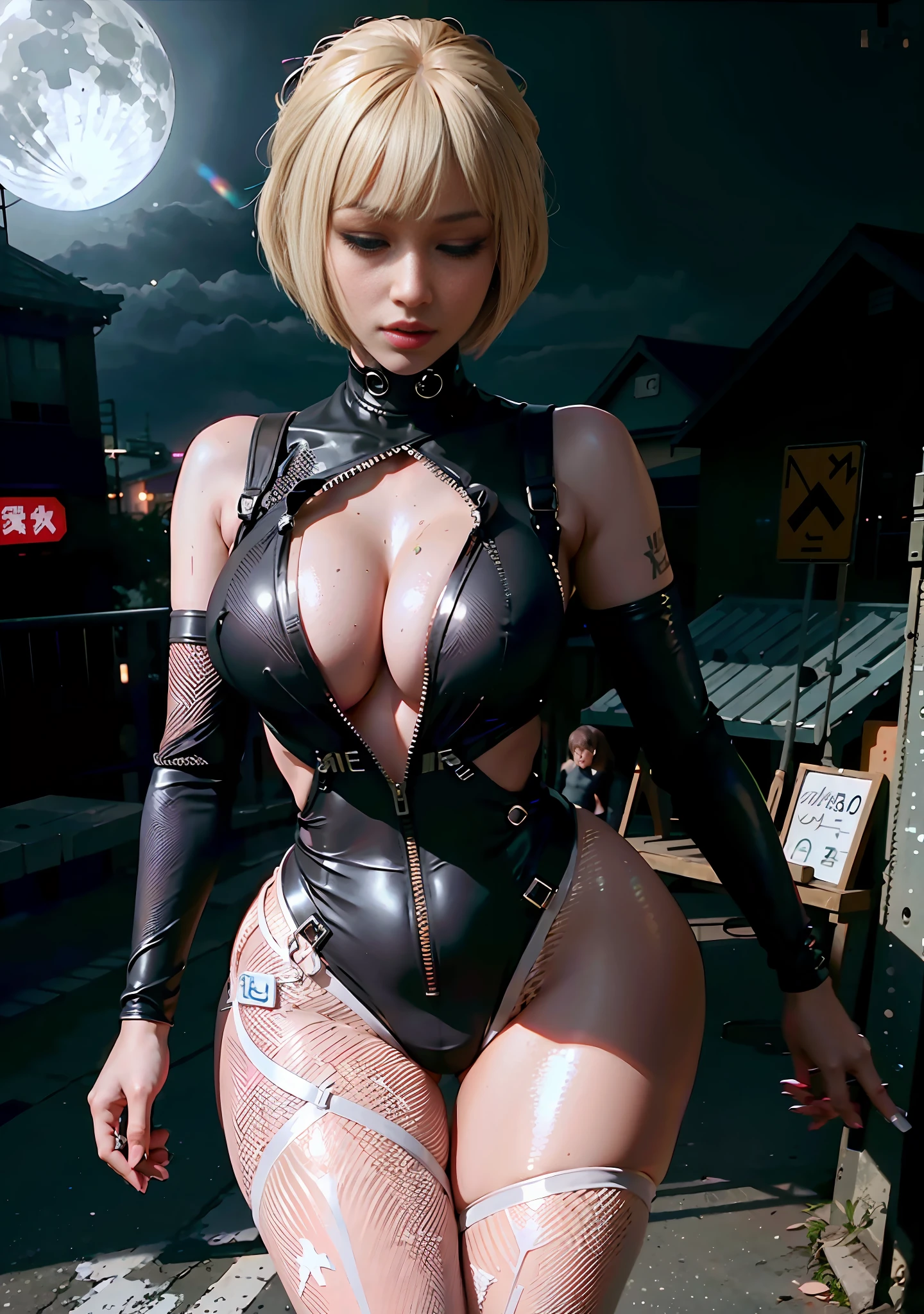 Nicki Minaj as Lucy from Cyberpunk Edgerunners dancing, eyes closed, aroused, signature Lucy hair, signature Lucy outfit, short platinum blonde hair with bangs, multiple tattoos, with Fishnet on breasts, wearing revealing black techwear bodysuit, intriguing outfit, in a futuristic Neo-Tokyo, Ghost in the Shell, Gantz, Neon Genesis Evangelion, outside of a nightclub, neon kanji on signs, at night, full moon, midnight, well lit streets, no traffic, solo, 1girl, beautiful face, harajuku girl make-up, perfect body, perfect large shiny breasts, camel toe, perfect lighting, perfect composition, use advanced machine learning and data science to perfect the ideal image of Nicki Minaj as Lucy From Cyberpunk Edgerunners