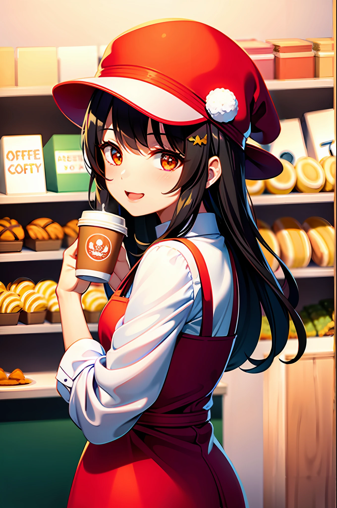 girl in a red hat in a bakery holding coffee in her hand