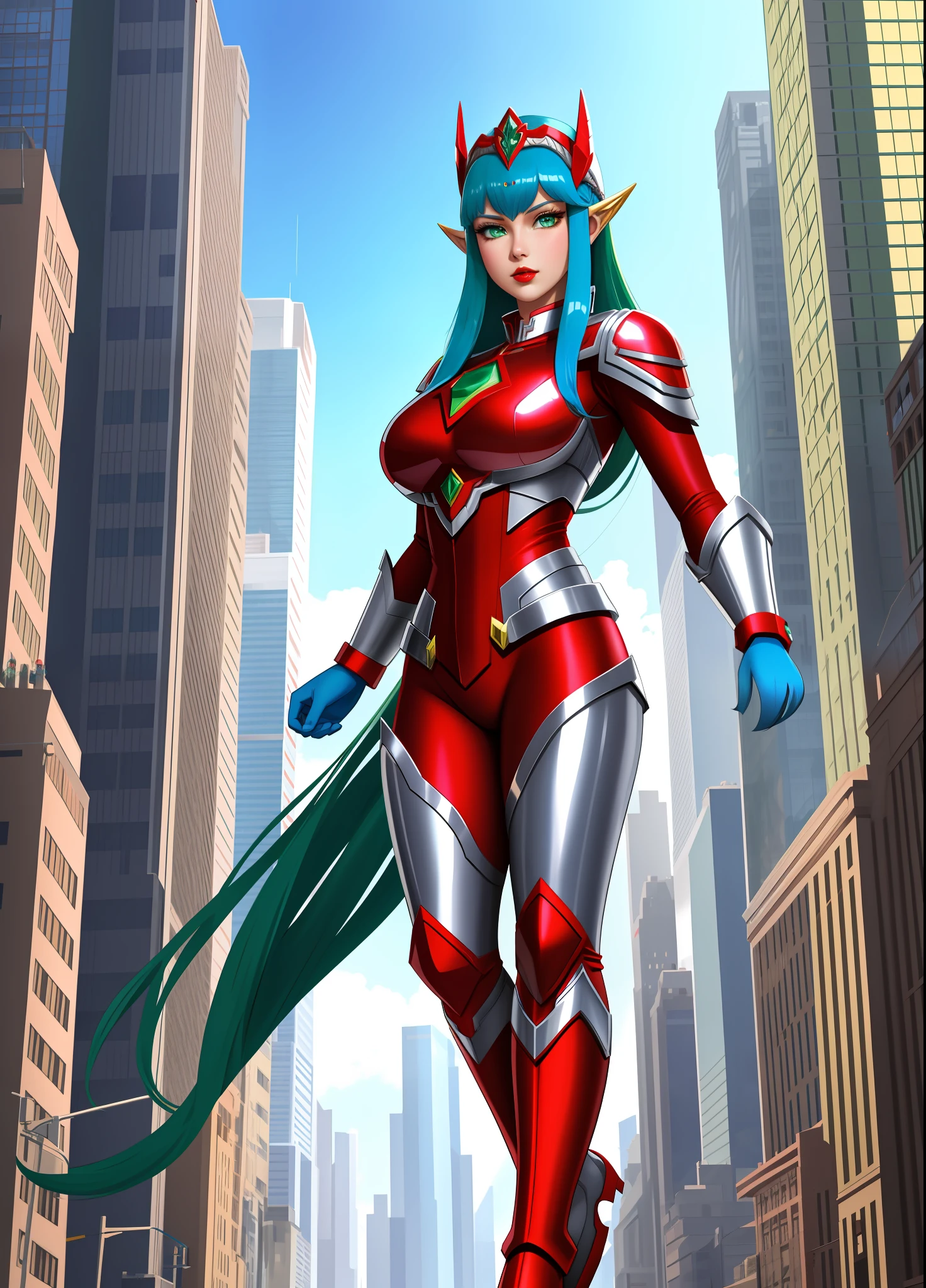 Full body image, standing, Princess Zelda giant, (red with silver costume:1.5), as Ultraman, immensely large breasts1, very tight body suit, heavy makeup on her face, light blue jewel on the breastplate, helmet on head, red lipstick on her mouth, (she green eyes:1.5, blue hair:1.5), Looking at the viewer from the front, she is in a futuristic city with several monsters attacking the buildings, Tokusatsu, Ultraman, anime style, cinematic lighting, 16k, UHD, masterpiece, best quality, high details