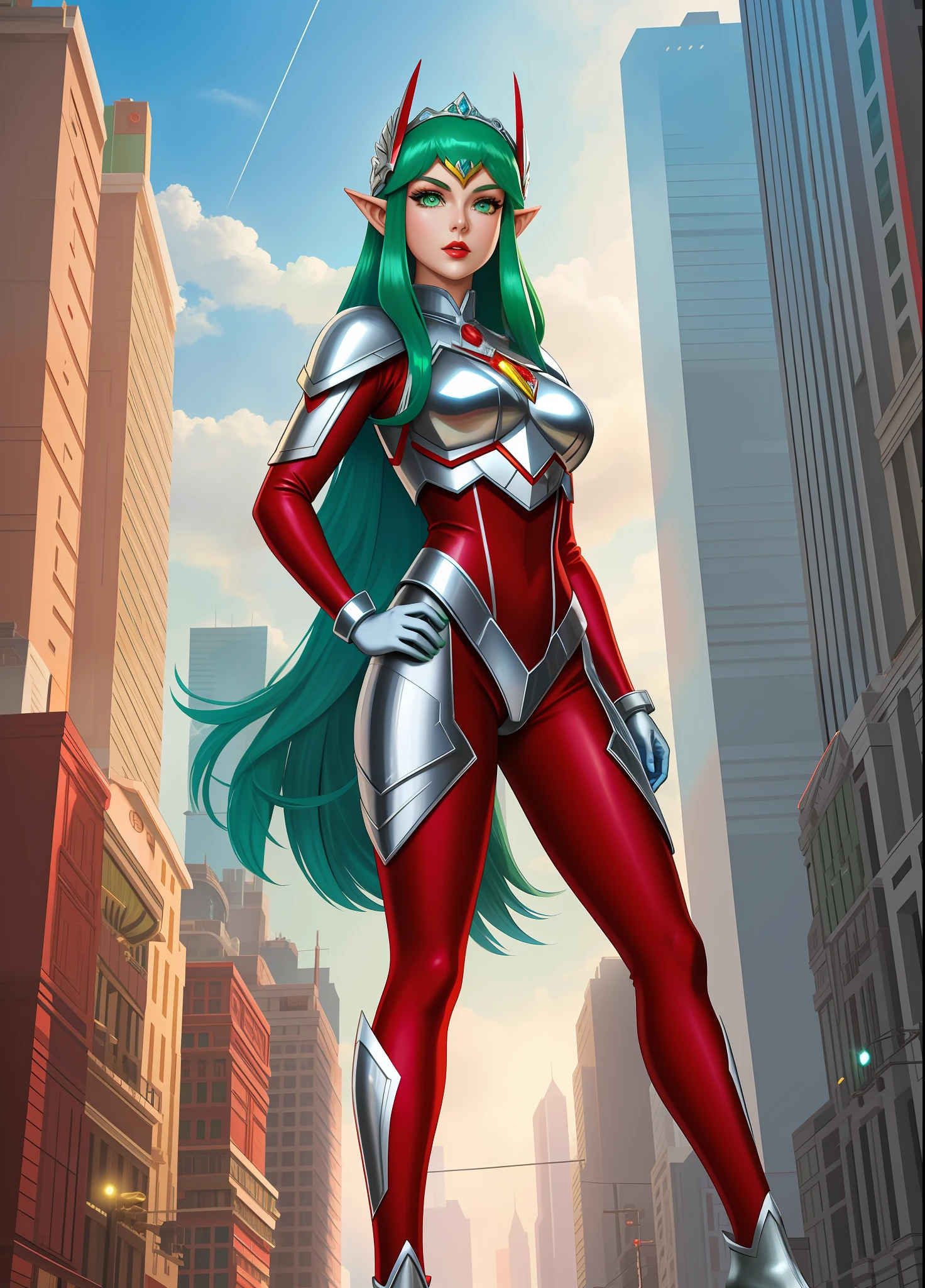 Full body image, standing, Princess Zelda giant, (red with silver costume:1.5), as Ultraman, immensely large breasts1, very tight body suit, heavy makeup on her face, light blue jewel on the breastplate, helmet on head, red lipstick on her mouth, (she green eyes:1.5, blue hair:1.5), Looking at the viewer from the front, she is in a futuristic city with several monsters attacking the buildings, Tokusatsu, Ultraman, anime style, cinematic lighting, 16k, UHD, masterpiece, best quality, high details
