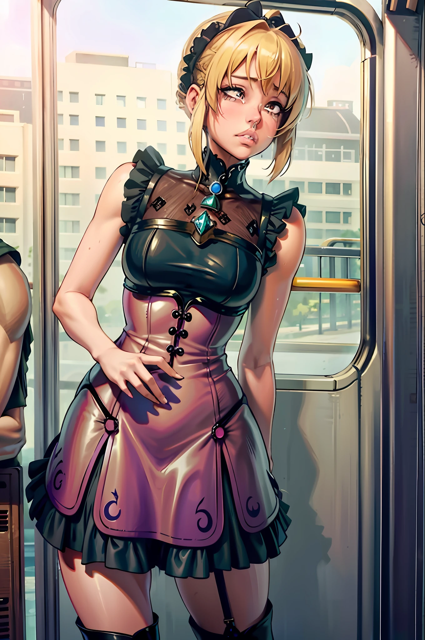 peeing herself, peeing, peeing self, very desperate to pee, violet evergarden, at a train station, full face blush, sad, crying, flustered, black stockings brown boots ruffled panties, peeing, peeing self, peeing, peeing self, pee puddle, puddle of her own urine is forming around her feet