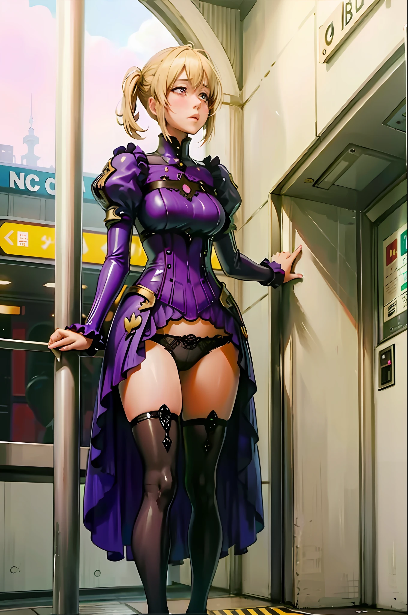 peeing herself, peeing, peeing self, very desperate to pee, violet evergarden, at a train station, full face blush, sad, crying, flustered, black stockings brown boots ruffled panties, peeing, peeing self, peeing, peeing self, pee puddle, puddle of her own urine is forming around her feet