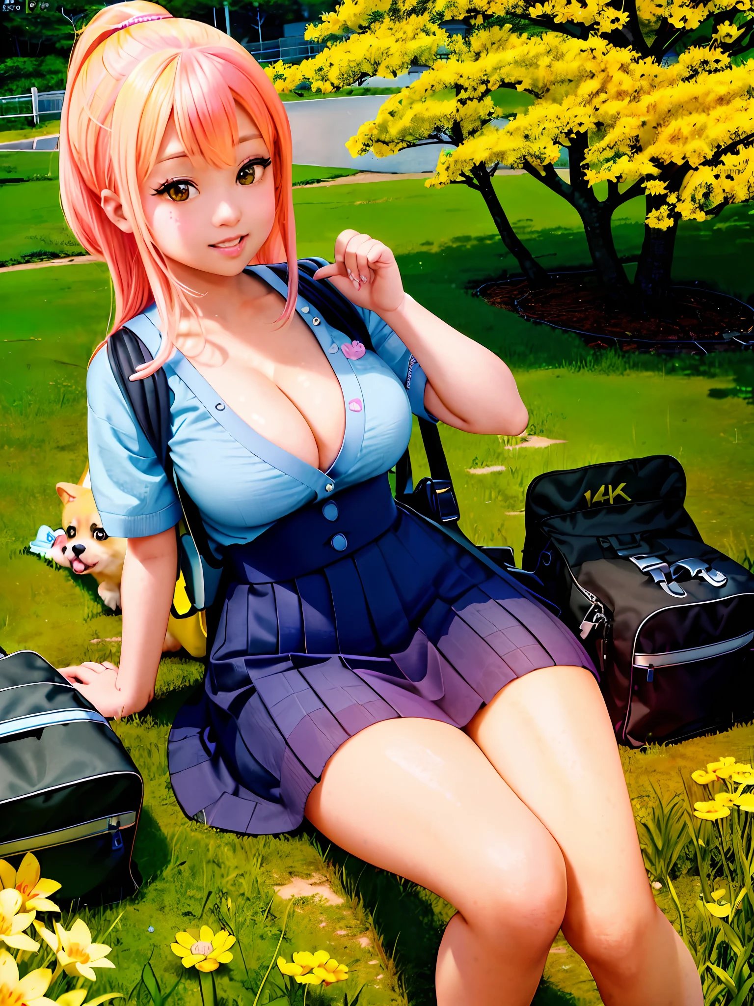 Tip: A very charming Nicki Minaj as a Japanese schoolgirl with a backpack and her cute puppy enjoying a lovely spring outing surrounded by beautiful yellow flowers and nature. The illustration is a high-definition illustration in 4k resolution, featuring highly detailed facial features and cartoon-style visuals, kawaii, cute, cleavage, large breasts, perfect composition