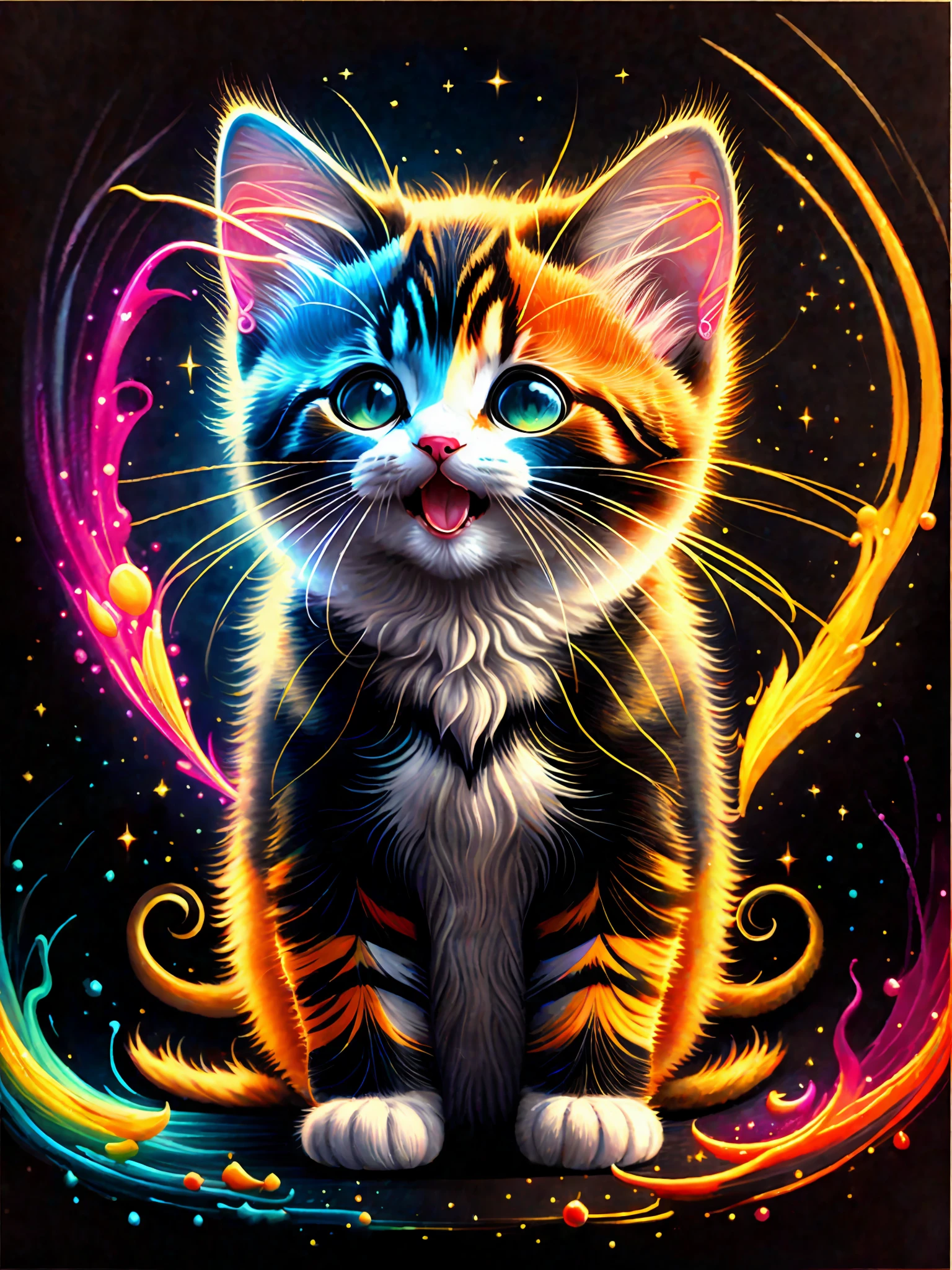 a painting of a kitten, open mouth, smile, colored on a black background,, breathtaking rendering, within a radiant connection, inspired by Kinuko Y. Craft,, magical elements, kitten icon, wow, is beautiful, casting a multi colorful spell, bright flash, flash