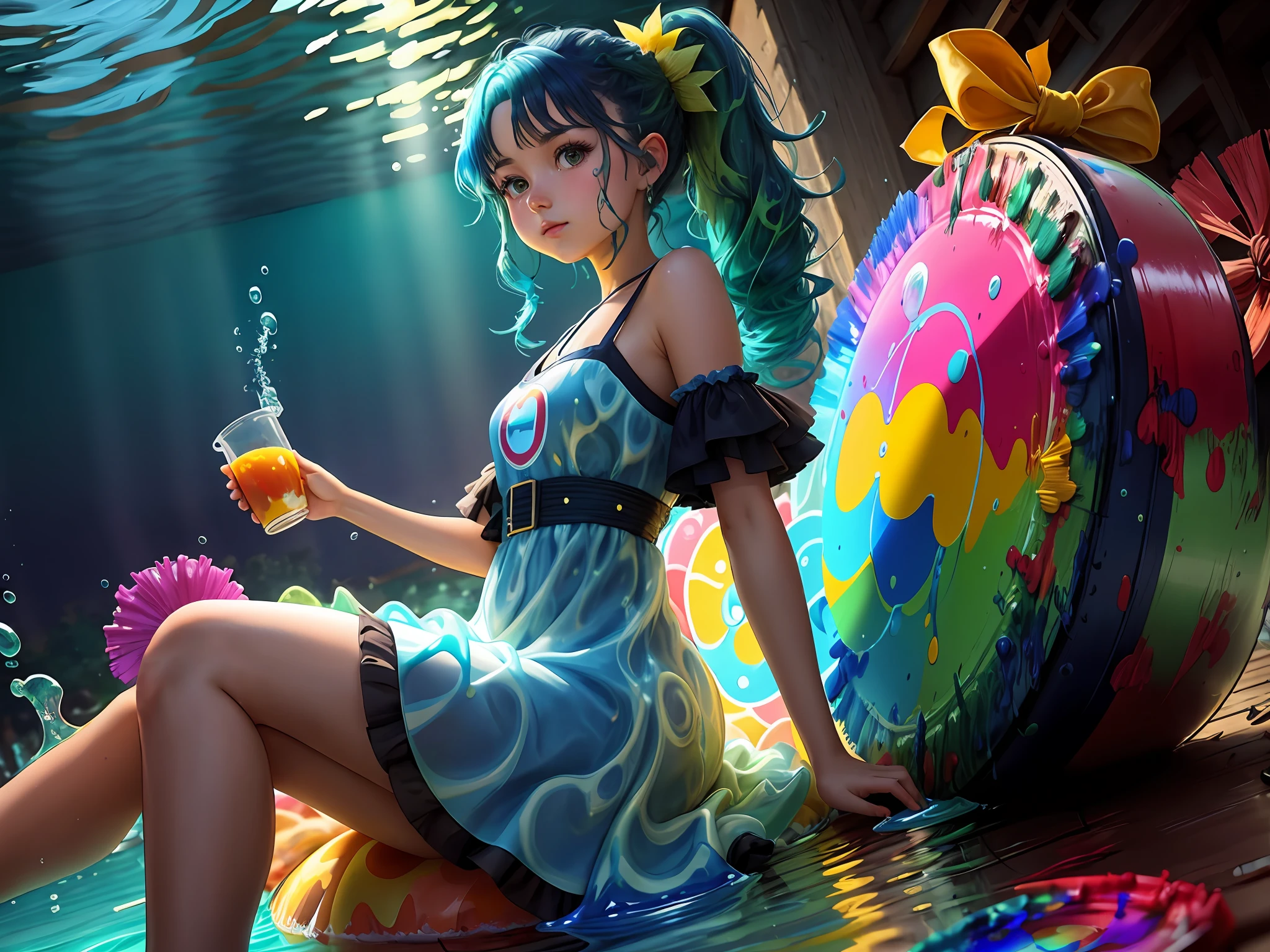 A girl is sitting ,(( a very large brush)), ((Paint Slime circular packages around it a lot of colored sides))and the girl is holding a cup stained with paint, and the dress is stained with paint, beautiful and cute, dark blue hair, green hair, hair between eyes, long hair, split ponytail, leaf hair ornament, dilated pupils, long pointy ears, glowing light, partially underwater shot, wide shot, Low-Angle, super detail