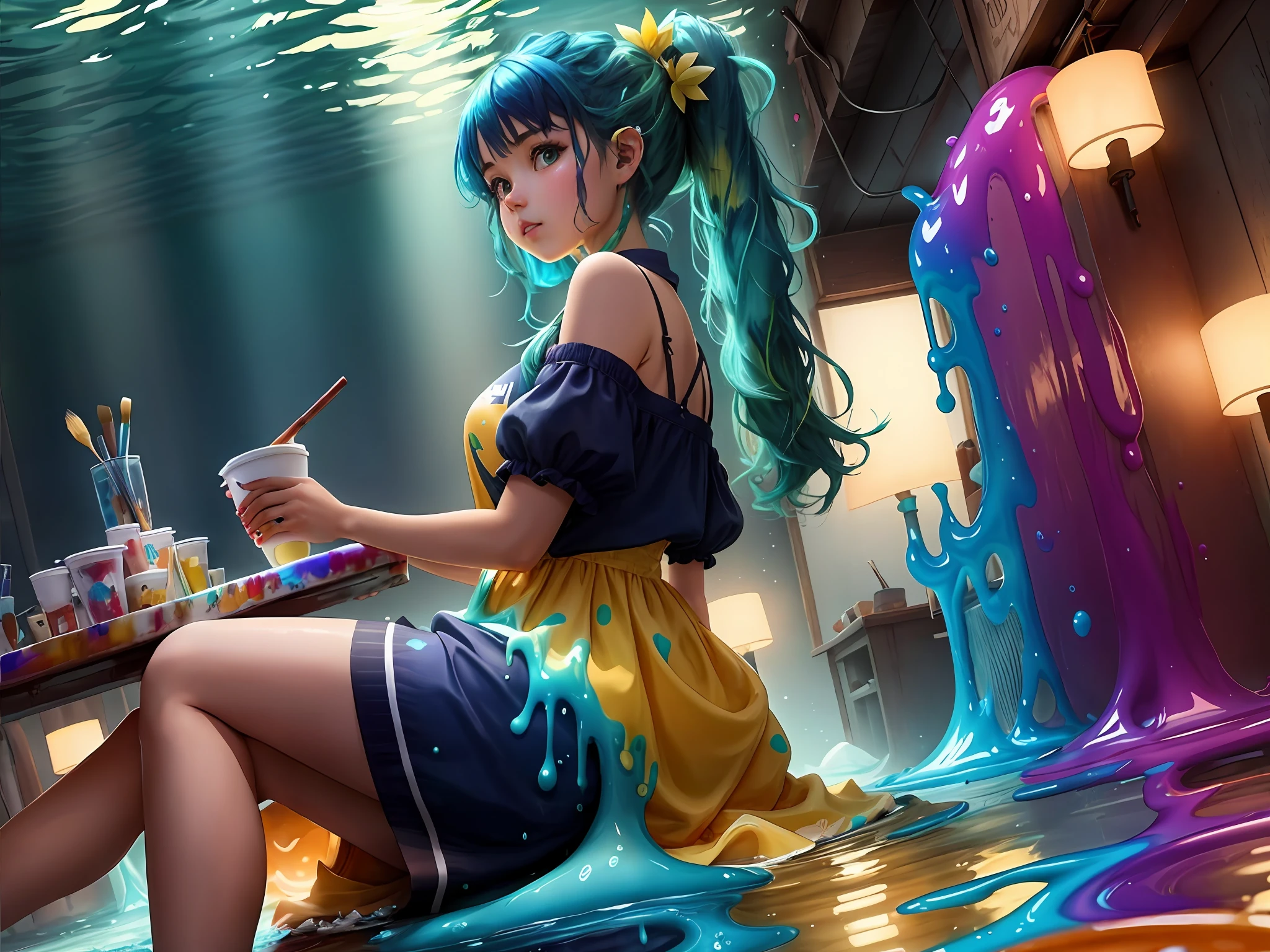 A girl is sitting ,(( a very large brush)), ((Paint Slime circular packages around it a lot of colored sides))and the girl is holding a cup stained with paint, and the dress is stained with paint, beautiful and cute, dark blue hair, green hair, hair between eyes, long hair, split ponytail, leaf hair ornament, dilated pupils, long pointy ears, glowing light, partially underwater shot, wide shot, Low-Angle, super detail