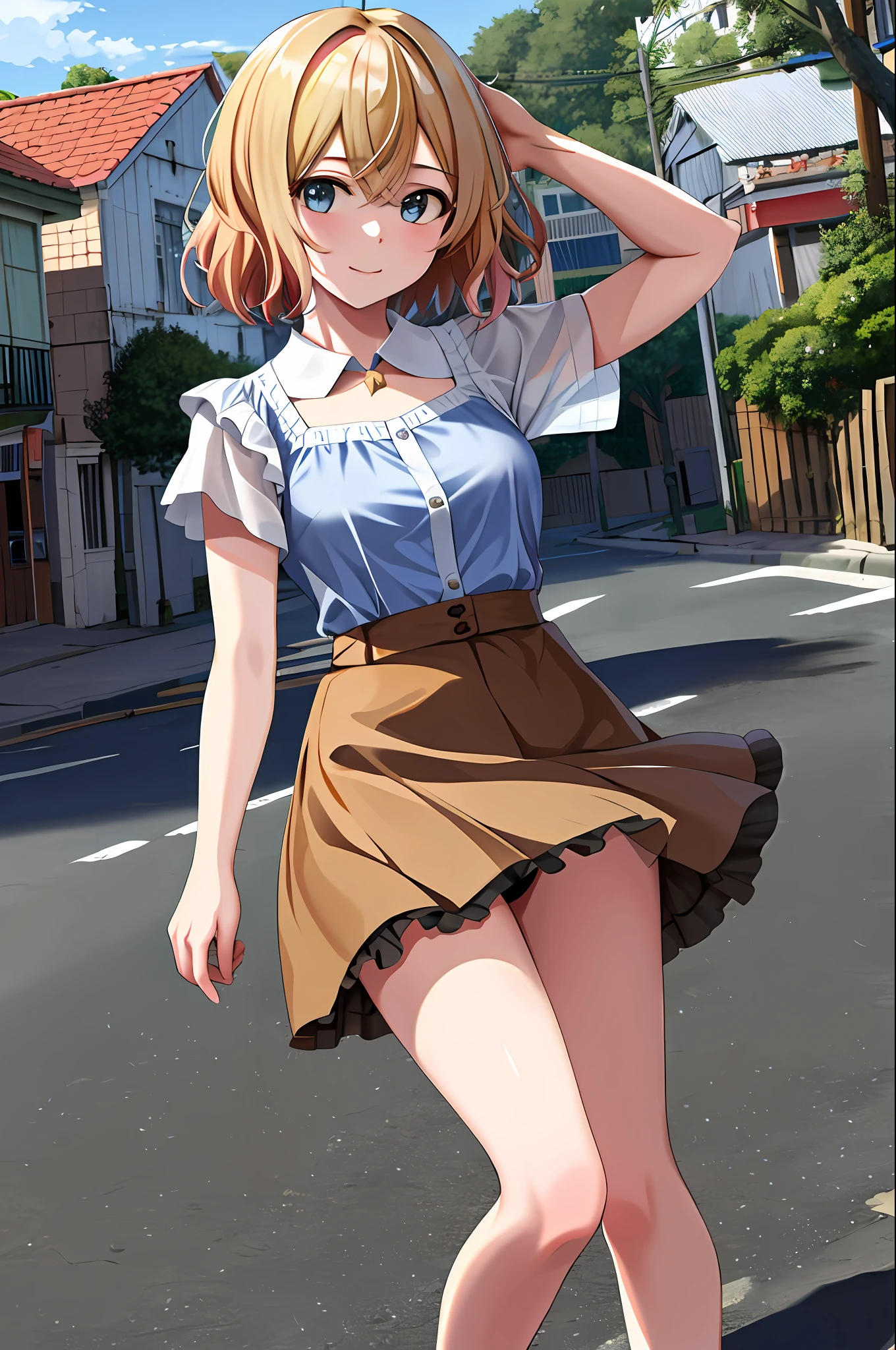 masterpiece, top quality, high resolution, nm1, ruffled shirt, mini skirt, panties up skirt from the front, street, cowboy shot,