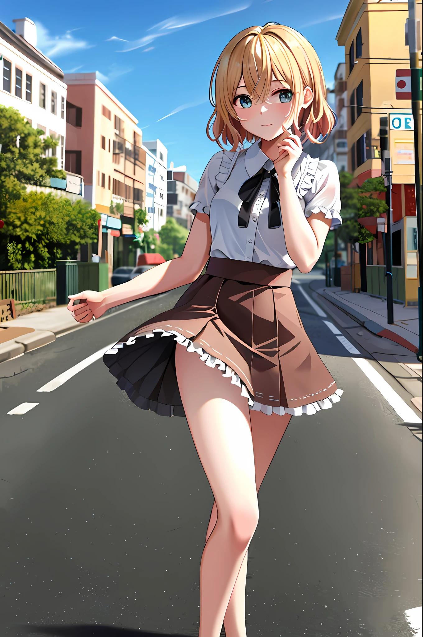 masterpiece, top quality, high resolution, nm1, ruffled shirt, mini skirt, panties up skirt from the front, street, cowboy shot,