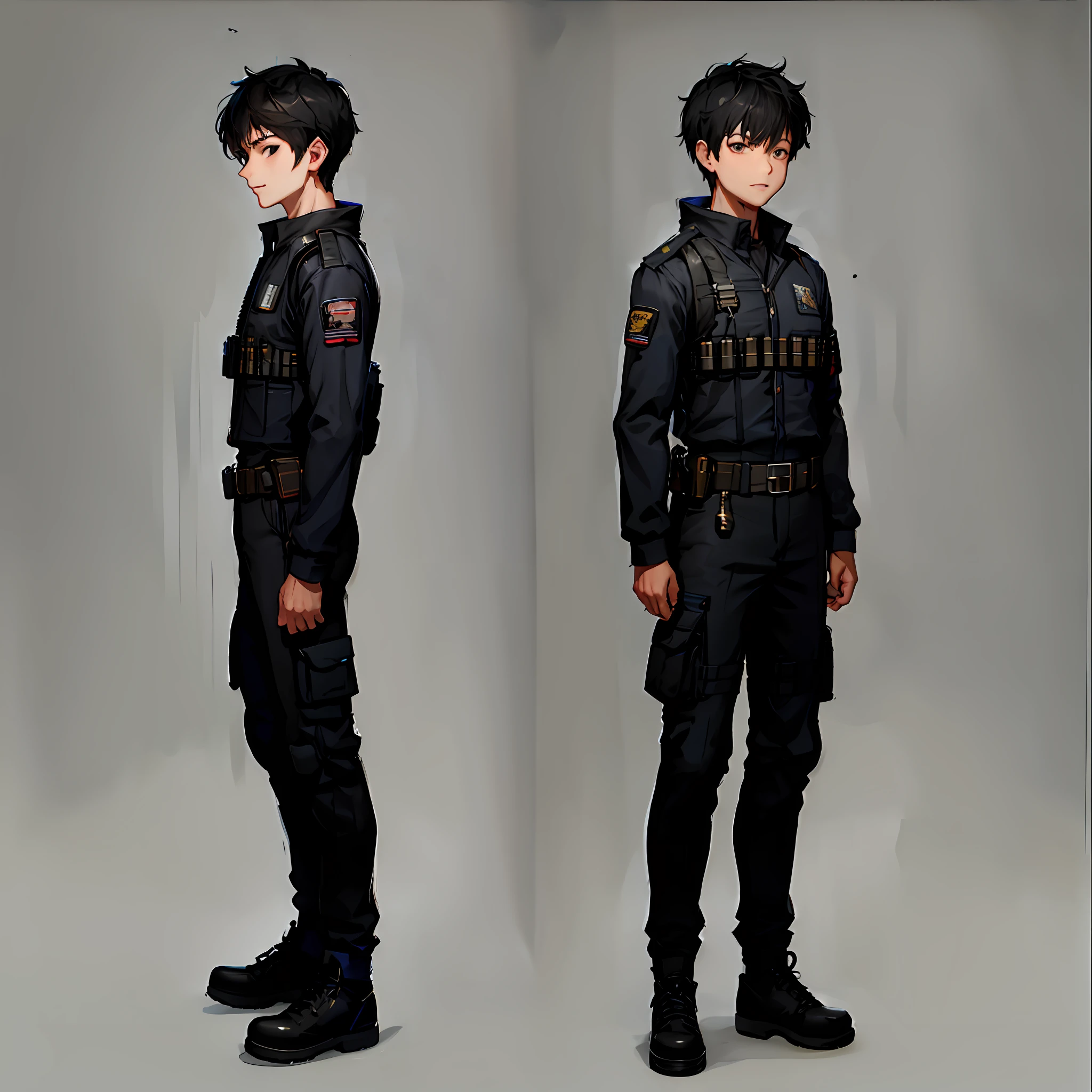 arafed image of a man in a uniform standing in front of a gray background, detailed full body concept art, full body concept art, character design police man!!, full body character concept art, character design police man, ( ( character concept art ) ), concept art of single boy, full body concept, full body character concept, single character full body
