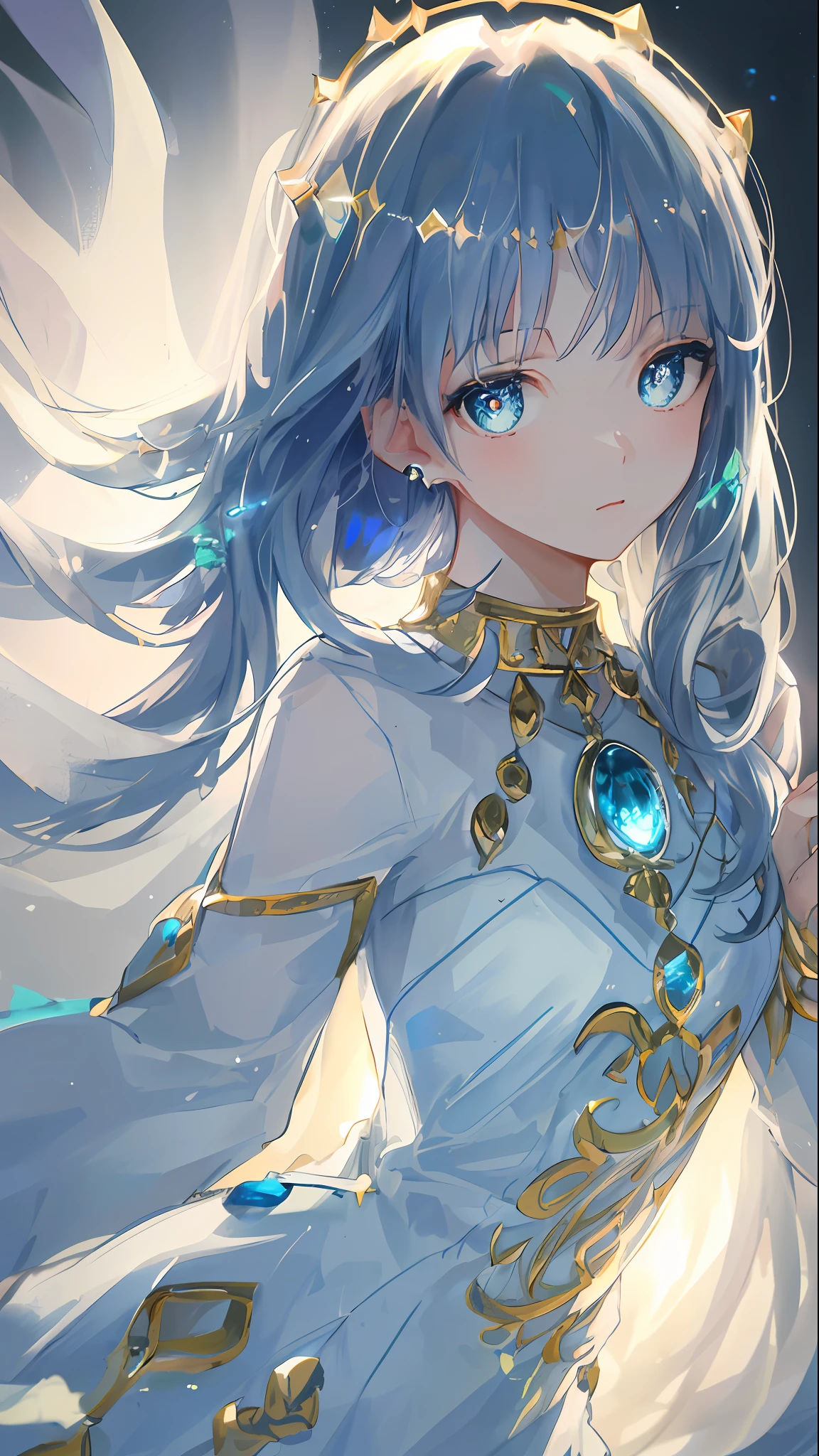 masterpiece, best quality, illustration, sax blue, platinum earrings, platinum necklace, white dress, 1girl, cute, (dynamic lighting:1.2), cinematic lighting, delicate facial features, detailed eyes, sharp pupils, realistic pupils, depth of field, bokeh, sharp focus, (hyper-detailed, bloom, glow:1.4), many small gems