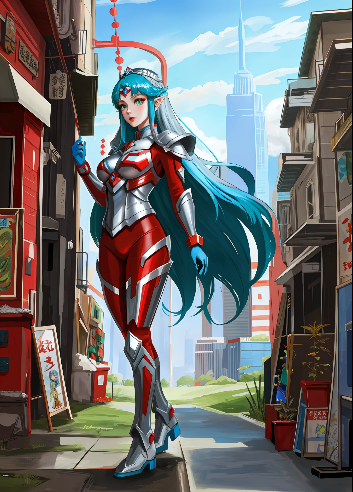 Full body image, standing, Princess Zelda giant, (red with silver costume:1.5), as Ultraman, immensely large breasts1, very tight body suit, heavy makeup on her face, light blue jewel on the breastplate, helmet on head, red lipstick on her mouth, (she green eyes:1.5, blue hair:1.5), Looking at the viewer from the front, she is in a futuristic city with several monsters attacking the buildings, Tokusatsu, Ultraman, anime style, cinematic lighting, 16k, UHD, masterpiece, best quality, high details