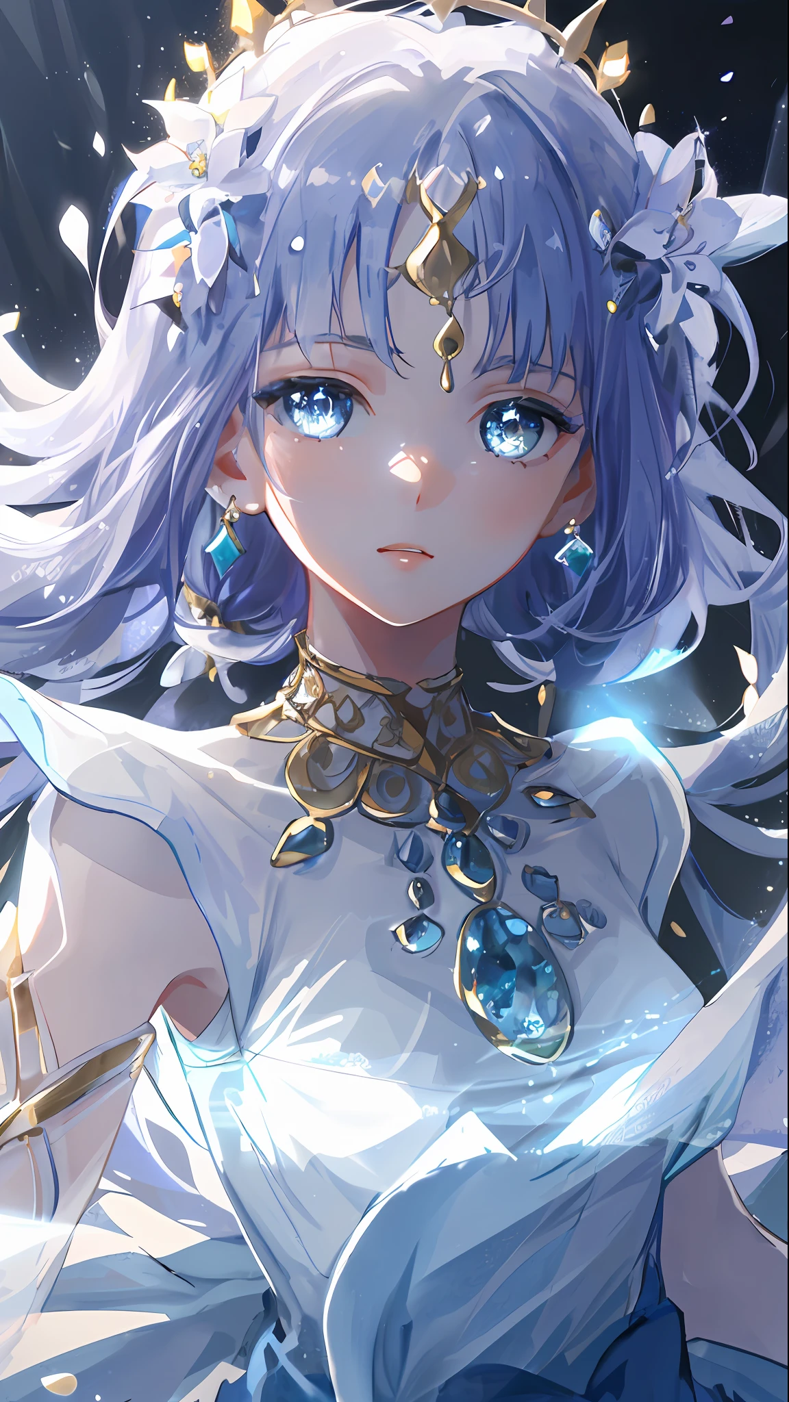 masterpiece, best quality, illustration, sax blue, platinum earrings, platinum necklace, white dress, 1girl, cute, (dynamic lighting:1.2), cinematic lighting, delicate facial features, detailed eyes, sharp pupils, realistic pupils, depth of field, bokeh, sharp focus, (hyper-detailed, bloom, glow:1.4), many small gems