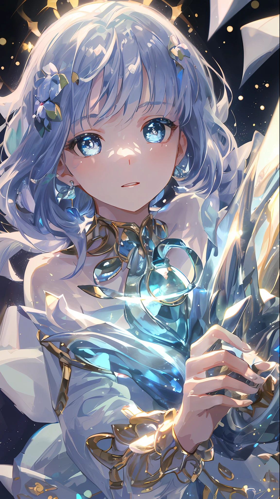 masterpiece, best quality, illustration, sax blue, platinum earrings, platinum necklace, white dress, 1girl, cute, (dynamic lighting:1.2), cinematic lighting, delicate facial features, detailed eyes, sharp pupils, realistic pupils, depth of field, bokeh, sharp focus, (hyper-detailed, bloom, glow:1.4), many small gems