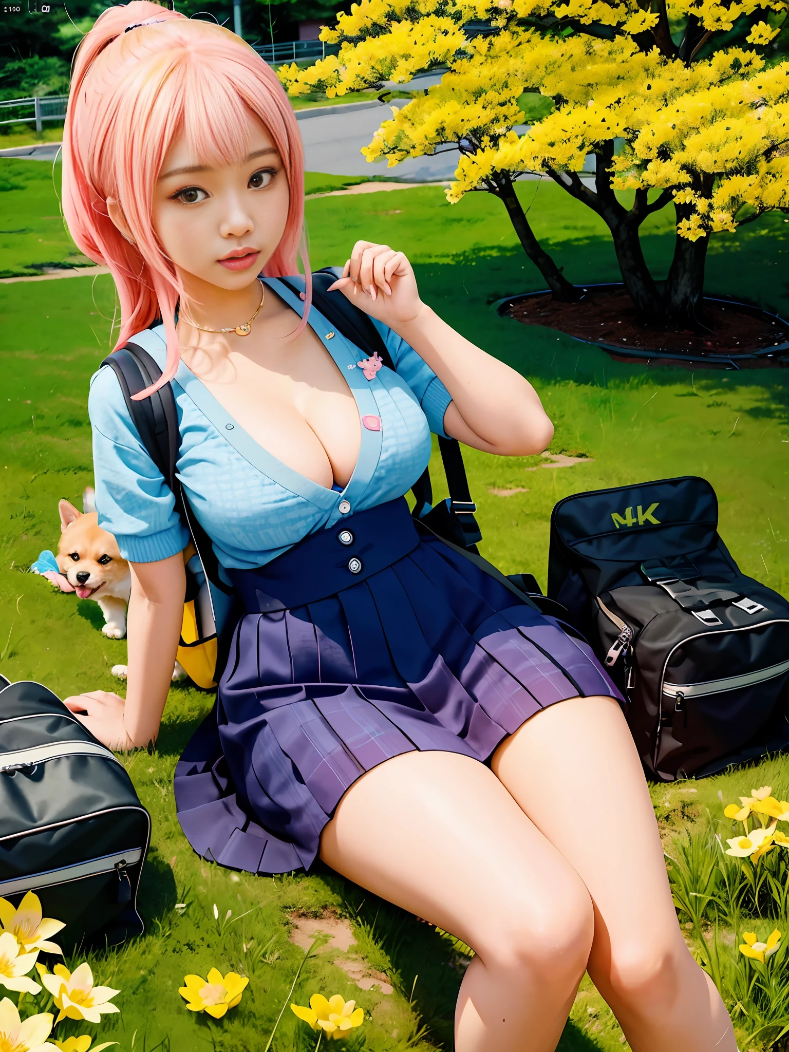 Tip: A very charming Nicki Minaj as a Japanese schoolgirl with a backpack and her cute puppy enjoying a lovely spring outing surrounded by beautiful yellow flowers and nature. The illustration is a high-definition illustration in 4k resolution, featuring highly detailed facial features and cartoon-style visuals, kawaii, cute, cleavage, large breasts, perfect composition