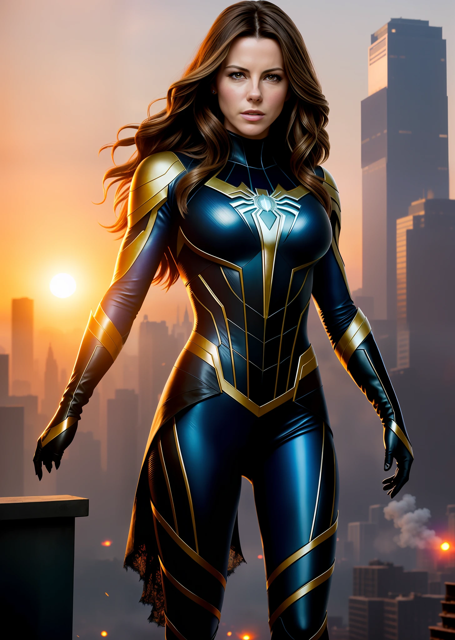 Kate Beckinsale in detailed metal Spider-Man costume, photo of sassy woman with angry look, large breasts, superhero pose, standing in ruined city at sunset, hyperdetailed, smoke, sparks, sunlight, (8k), realistic, symmetrical, award-winning, cinematic lightning, soaked, film, 75mm, scratches, full body shot, close-up, torn and dirty clothes, detailed face,