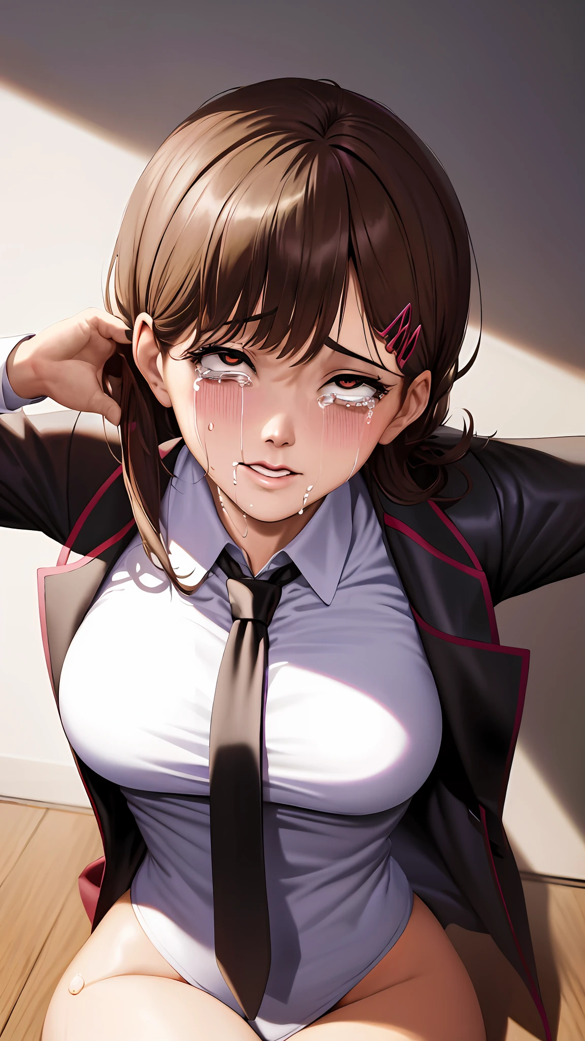 (sfw), (masterpiece:1.2), best quality, masterpiece, highres, original, extremely detailed wallpaper, (ultra-detailed), (best illustration), (best shadow), (realism), small breasts, perky breasts, business suit, holding a knife, crazy look, crazy eyes, yandere, sweating, crying, blushing, blazer, black necktie, white collared shirt, (brown eyes),