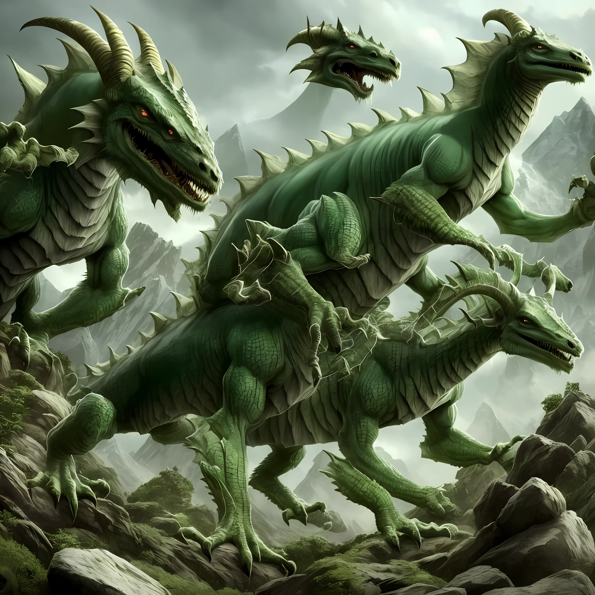 A kind of half-goat, half-lizard, with several fangs and sharp teeth. They are great cannibals, they usually live in the mountains. A creature with an outsized strength and loves to feed on meat. A danger to any kind of humanoid and beast. It usually sits quietly if well fed. RPG monster. DND Monster.