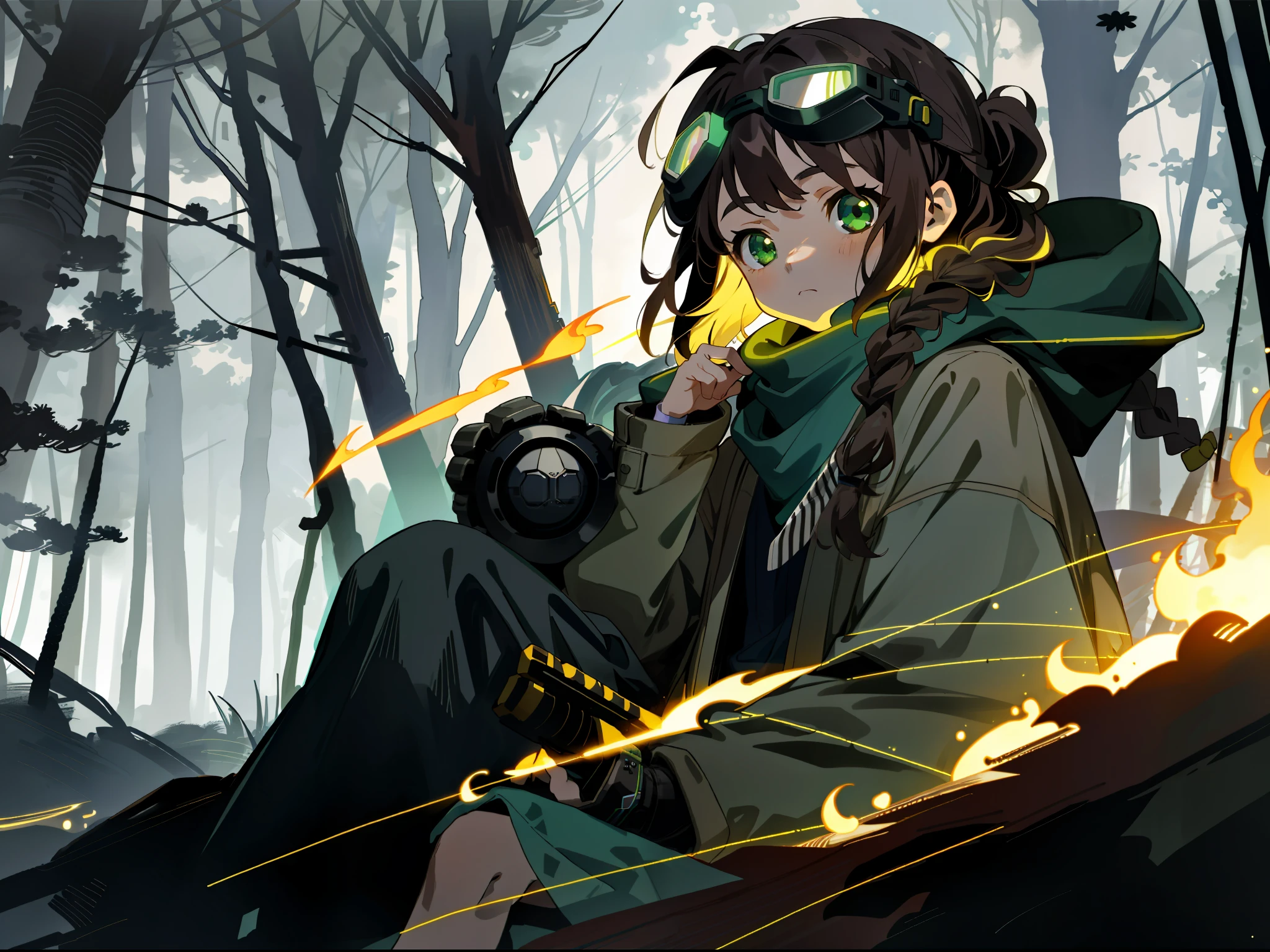 A , night, forest, heavy scarf, punk jacket, bubble socks, (delicate face) (delicate hair), (dark brown double twisted braid), green eyes, robotic arm, dramatic light, dramatic shadow, ray tracing, galaxy, expressionless face, mechanical goggles on the head, bonfire in front of you, sitting on a stake, warm atmosphere
