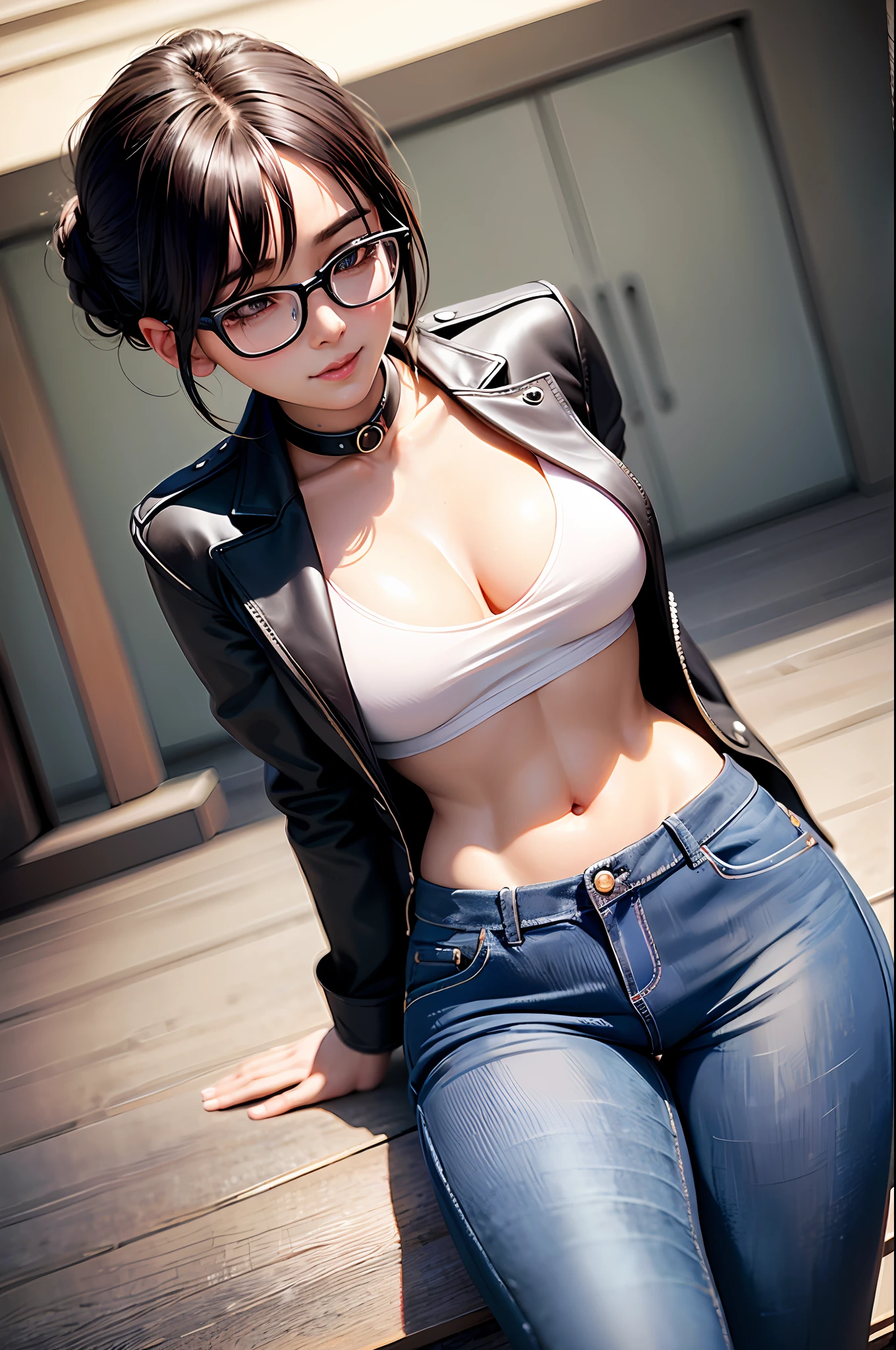 【Anime style】 [Masterpiece best image quality high-resolution adult woman] 1 girl [[Small breast, high leg T-back]] [Jacket, crop top, jeans, choker, glasses] [Beautiful face] Short hair, braid, collar, chiseled belly, glasses, glossy skin, wet skin, shy, outdoors, low angle, mouth closed, smiling, uru zzang-6500-v1.1, shallow depth of field, [stereoscopic fog], Cinematic lighting, reflections, 8K resolution, delicate and absurd, (highly detailed CG 8K wallpaper), (very delicate and beautiful), beautiful lighting, (masterpiece), (best) quality: 1.0), (ultra high definition: 1.0), photorealistic of the world's most beautiful artwork, professional majestic oil painting by artgerm, cutesexyrobutts, by Ed Blinkey, Perfect Lightning, [Sharp Focus], Bokeh, Realistic Shadows, [High Resolution], Trend, Detail Skin, (Masterpiece, Best Quality, High Resolution, Photo Reference: 1.1)), Ultra Detail