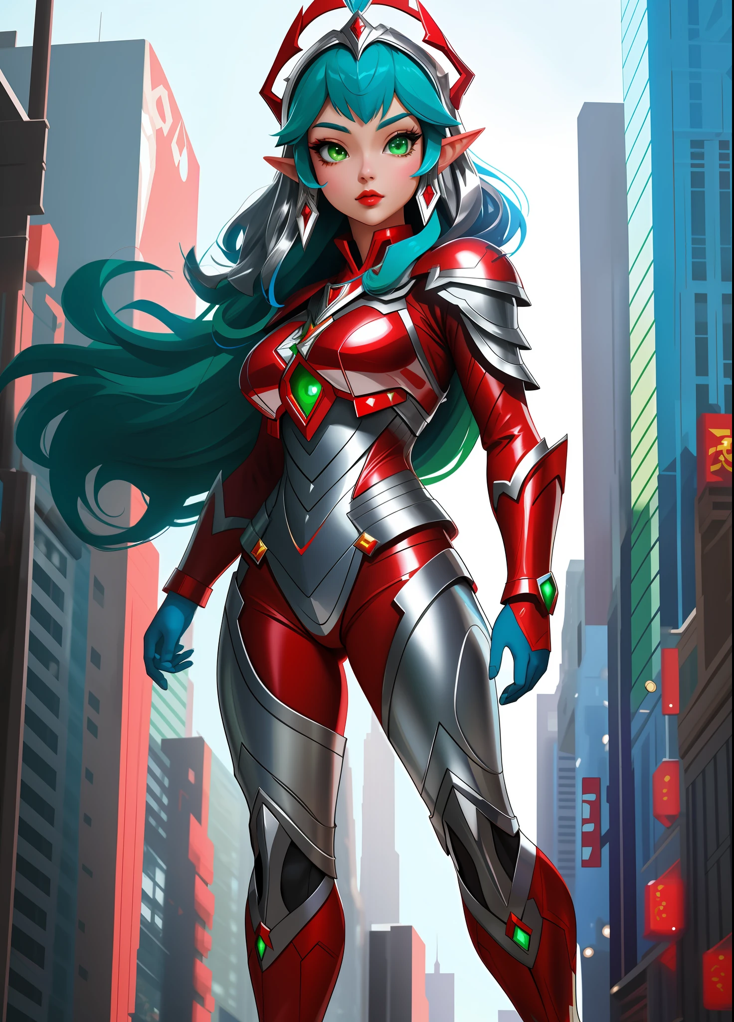 Full body image, standing, Princess Zelda giant, (red with silver costume:1.5), as Ultraman, immensely large breasts1, very tight body suit, heavy makeup on her face, light blue jewel on the breastplate, helmet on head, red lipstick on her mouth, (she green eyes:1.5, blue hair:1.5), Looking at the viewer from the front, she is in a futuristic city with several monsters attacking the buildings, Tokusatsu, Ultraman, anime style, cinematic lighting, 16k, UHD, masterpiece, best quality, high details
