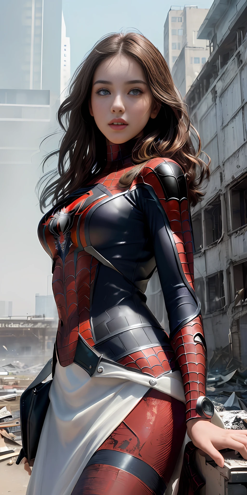 (1girl:1.3), solo, (((extremely detailed face))),(((extremely detailed eyes and face))),beautiful detailed eyes,body-parts__, official art, unified 8k wallpaper, super detailed, beautiful and aesthetic, beautiful, masterpiece, best quality, raw, masterpiece, super fine photo, best quality, super high resolution, photorealistic realism, sunlight, full body portrait, amazing beauty,, dynamic pose, delicate face, vibrant eyes, (from the front), she is wearing a Spider-man suit, red and black color scheme, spider, very detailed abandoned warehouse background, Detailed face, detailed complex busy background, messy, gorgeous, milky white, highly detailed skin, realistic skin details, visible pores, sharp focus, volumetric fog, 8k uhd, DSLR, high quality, film grain, fair skin, photo realism, lomography, huge metropolis in future dystopia, seen from below, translucent