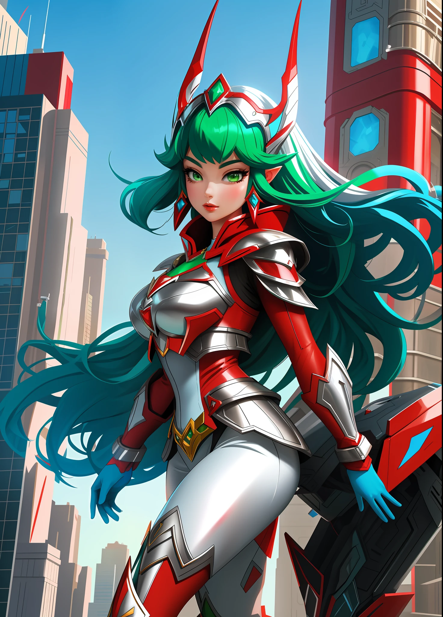 Full body image, standing, Princess Zelda giant, (red with silver costume:1.5), as Ultraman, immensely large breasts1, very tight body suit, heavy makeup on her face, light blue jewel on the breastplate, helmet on head, red lipstick on her mouth, (she green eyes:1.5, blue hair:1.5), Looking at the viewer from the front, she is in a futuristic city with several monsters attacking the buildings, Tokusatsu, Ultraman, anime style, cinematic lighting, 16k, UHD, masterpiece, best quality, high details