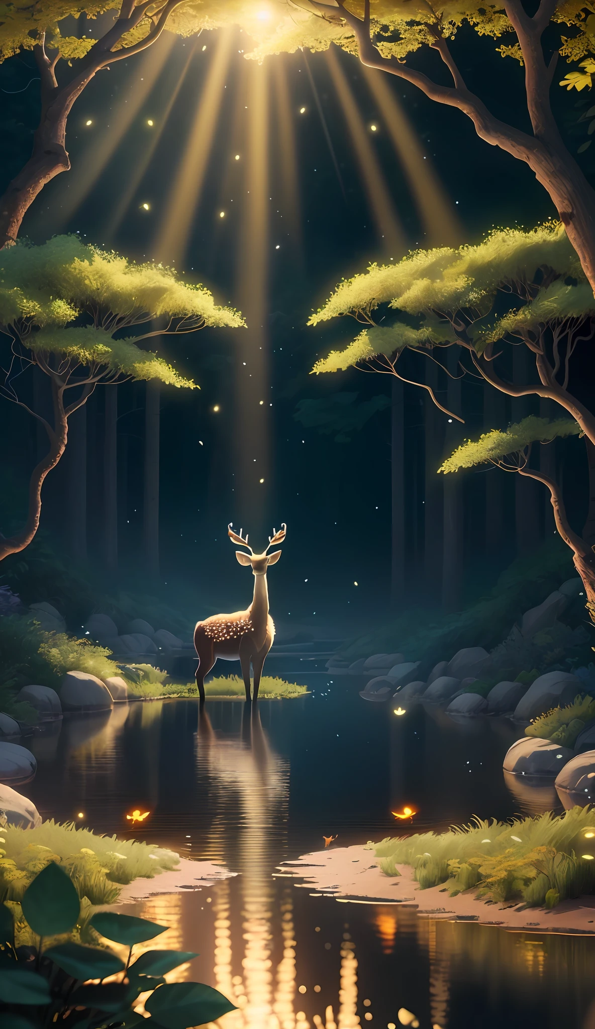 Masterpiece, best quality, (very detailed CG unified 8k wallpaper), (best quality), (best illustration), (best shadow), glowing deer, with a glowing deer, drinking water in the pool, natural elements in forest theme. Mysterious forest, beautiful forest, nature, surrounded by flowers, delicate leaves and branches surrounded by fireflies (natural elements), (jungle theme), (leaves), (branches), (fireflies), (particle effects) and other 3D, Octane rendering, ray tracing, super detailed