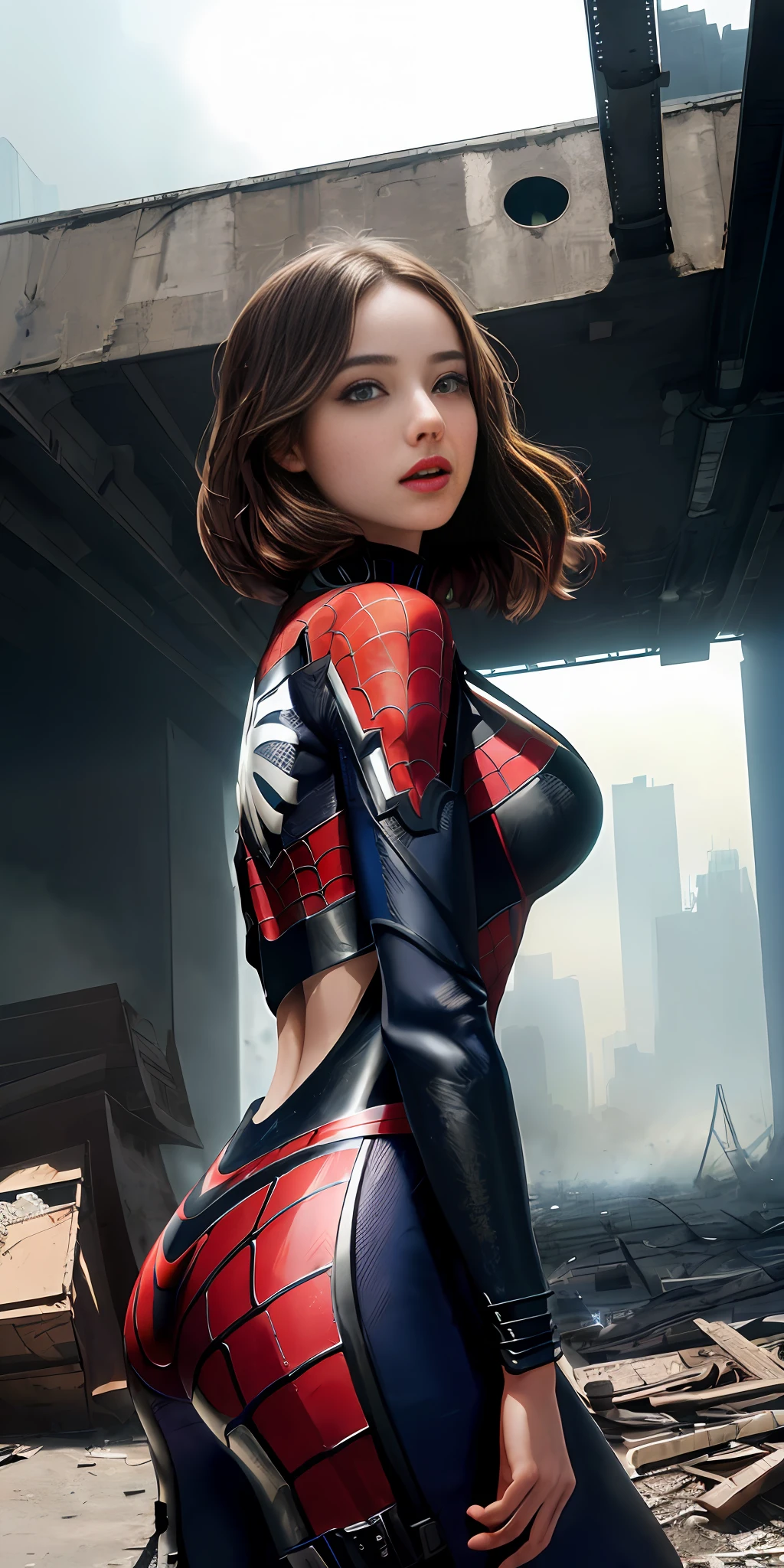 (1girl:1.3), solo, (((extremely detailed face))),(((extremely detailed eyes and face))),beautiful detailed eyes,body-parts__, official art, unified 8k wallpaper, super detailed, beautiful and aesthetic, beautiful, masterpiece, best quality, raw, masterpiece, super fine photo, best quality, super high resolution, photorealistic realism, sunlight, full body portrait, amazing beauty,, dynamic pose, delicate face, vibrant eyes, (from the front), she is wearing a Spider-man suit, red and black color scheme, spider, very detailed abandoned warehouse background, Detailed face, detailed complex busy background, messy, gorgeous, milky white, highly detailed skin, realistic skin details, visible pores, sharp focus, volumetric fog, 8k uhd, DSLR, high quality, film grain, fair skin, photo realism, lomography, huge metropolis in future dystopia, seen from below, translucent