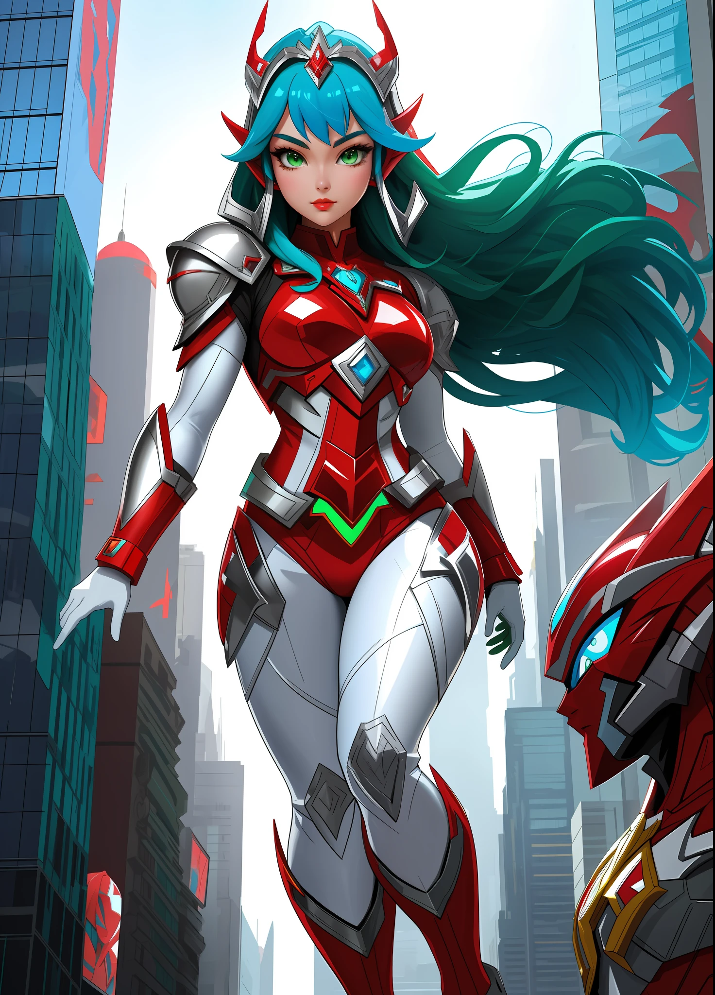 Full body image, standing, Princess Zelda giant, (red with silver costume:1.5), as Ultraman, immensely large breasts1, very tight body suit, heavy makeup on her face, light blue jewel on the breastplate, helmet on head, red lipstick on her mouth, (she green eyes:1.5, blue hair:1.5), Looking at the viewer from the front, she is in a futuristic city with several monsters attacking the buildings, Tokusatsu, Ultraman, anime style, cinematic lighting, 16k, UHD, masterpiece, best quality, high details