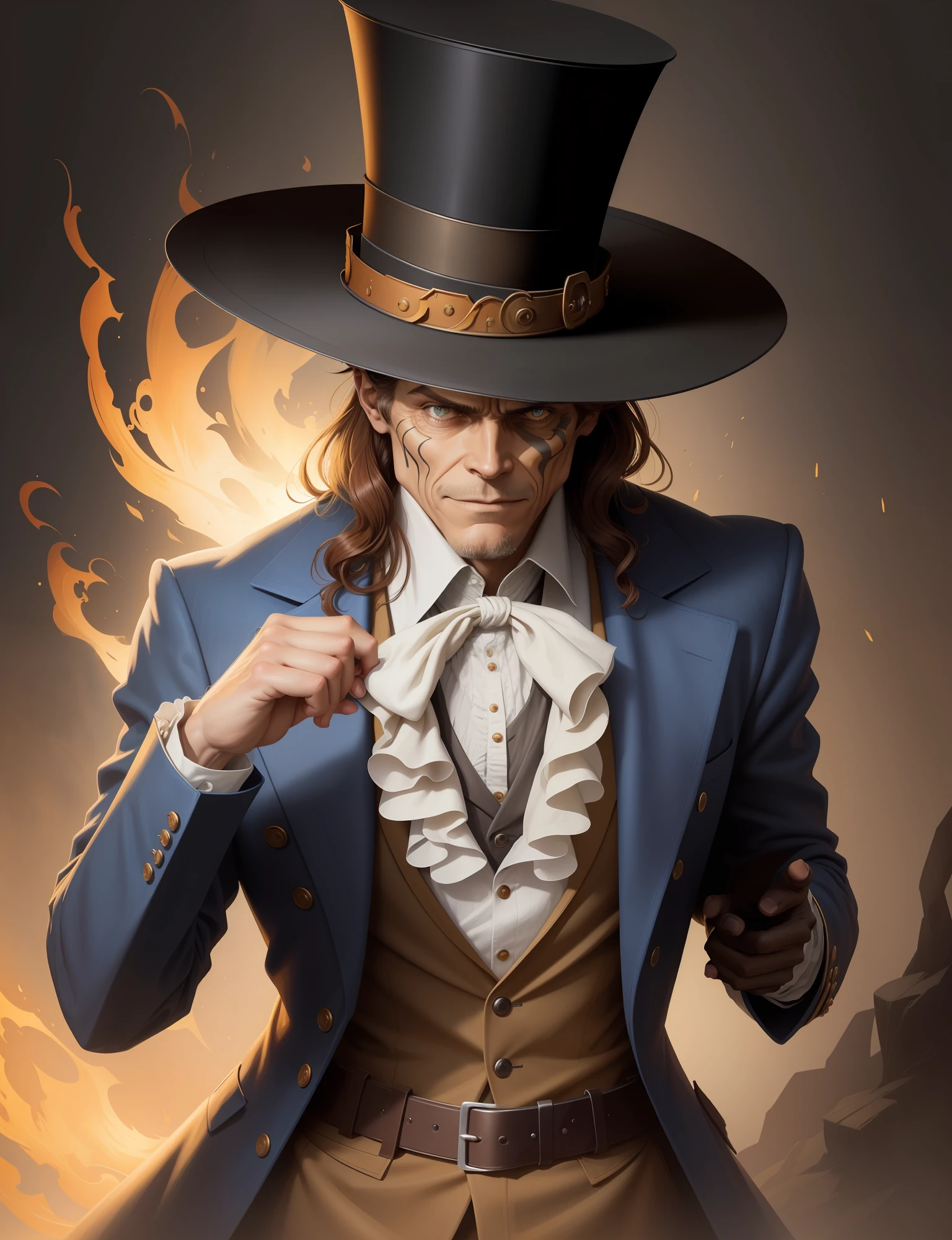 A close up of a man wearing a top hat, john picacio and brom, willem dafoe as scarecrow, best of behance, madhatter, josan gonzalez and tyler edlin, by Jack Davis,, character design, embers, bright bold colors, macro lens, dark fantasy, decopunk, cinematic, dslr, bokeh, american horror story, redneck