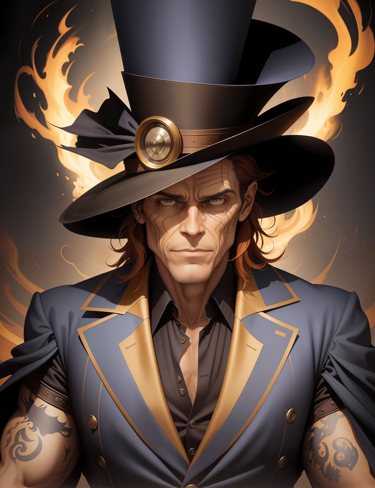 A close up of a man wearing a top hat, john picacio and brom, willem dafoe as scarecrow, best of behance, madhatter, josan gonzalez and tyler edlin, by Jack Davis,, character design, embers, bright bold colors, macro lens, dark fantasy, decopunk, cinematic, dslr, bokeh, american horror story, redneck