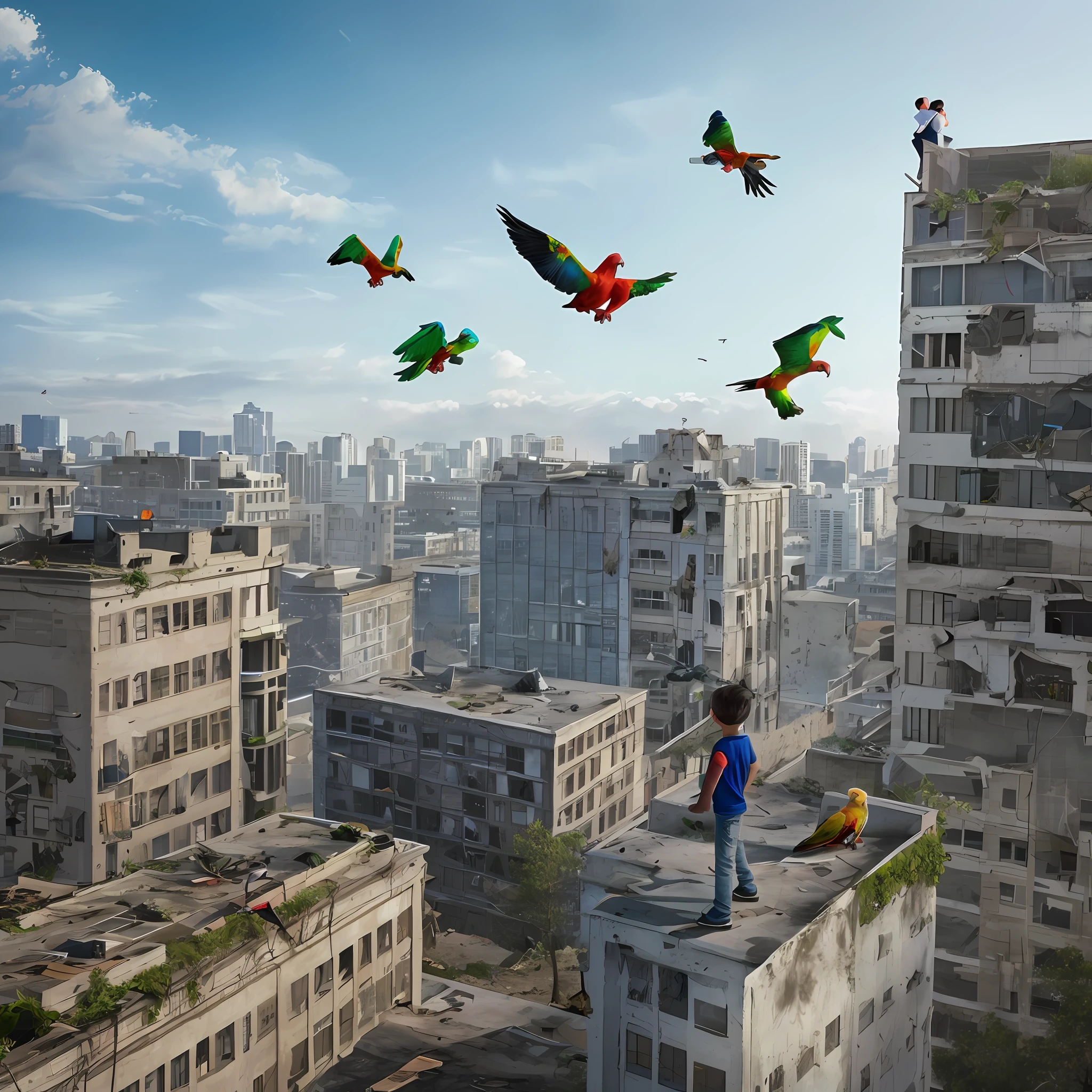 "A boy is on top of a building, surrounded by several abandoned buildings. On his right shoulder, there is a parrot, and in the sky, there are several parrots flying around."