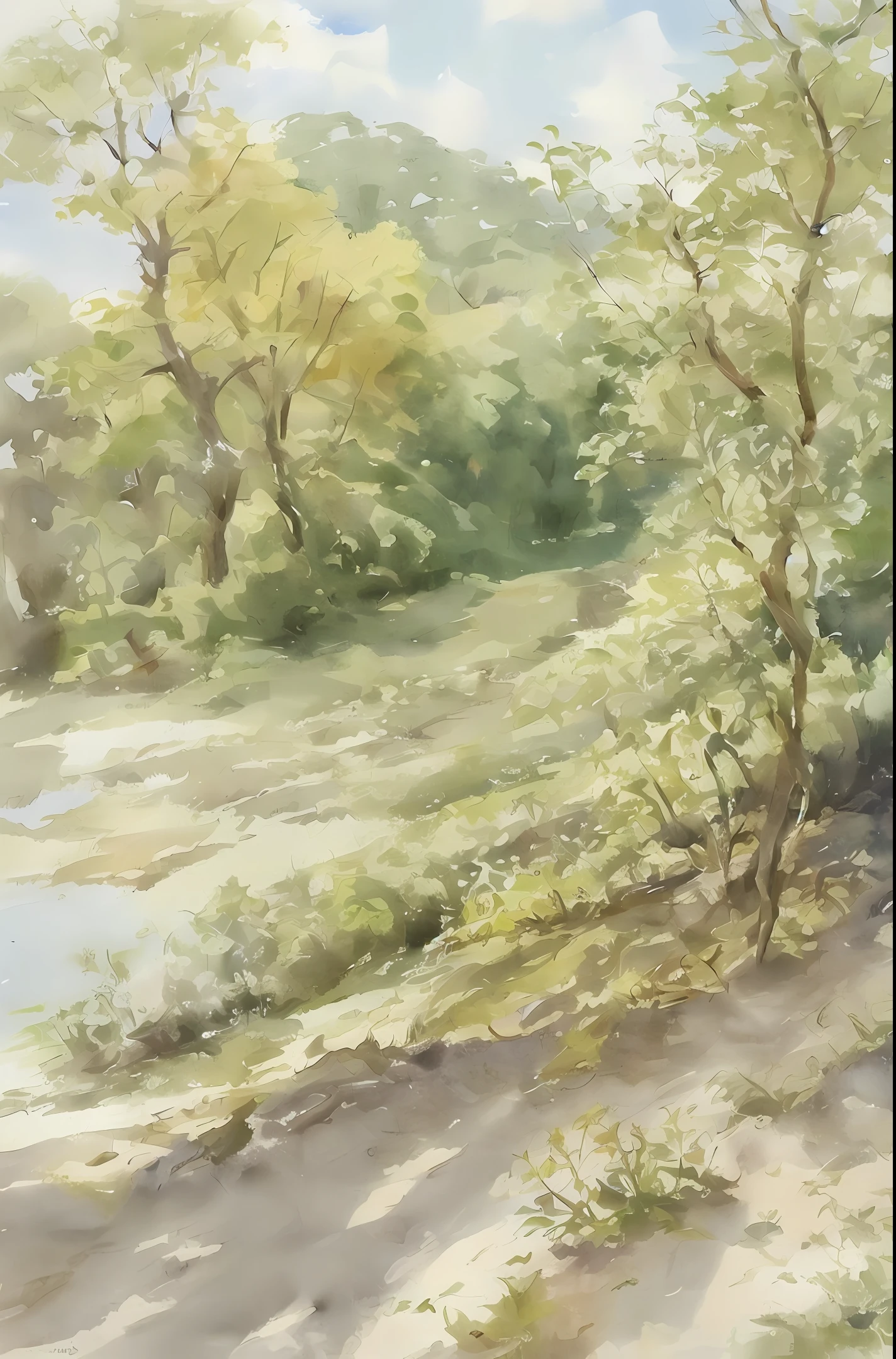 spring, fog, morning, cityscape, watercolor, detail, volumetric lighting, illuminated from right side, green leaves,One piece style