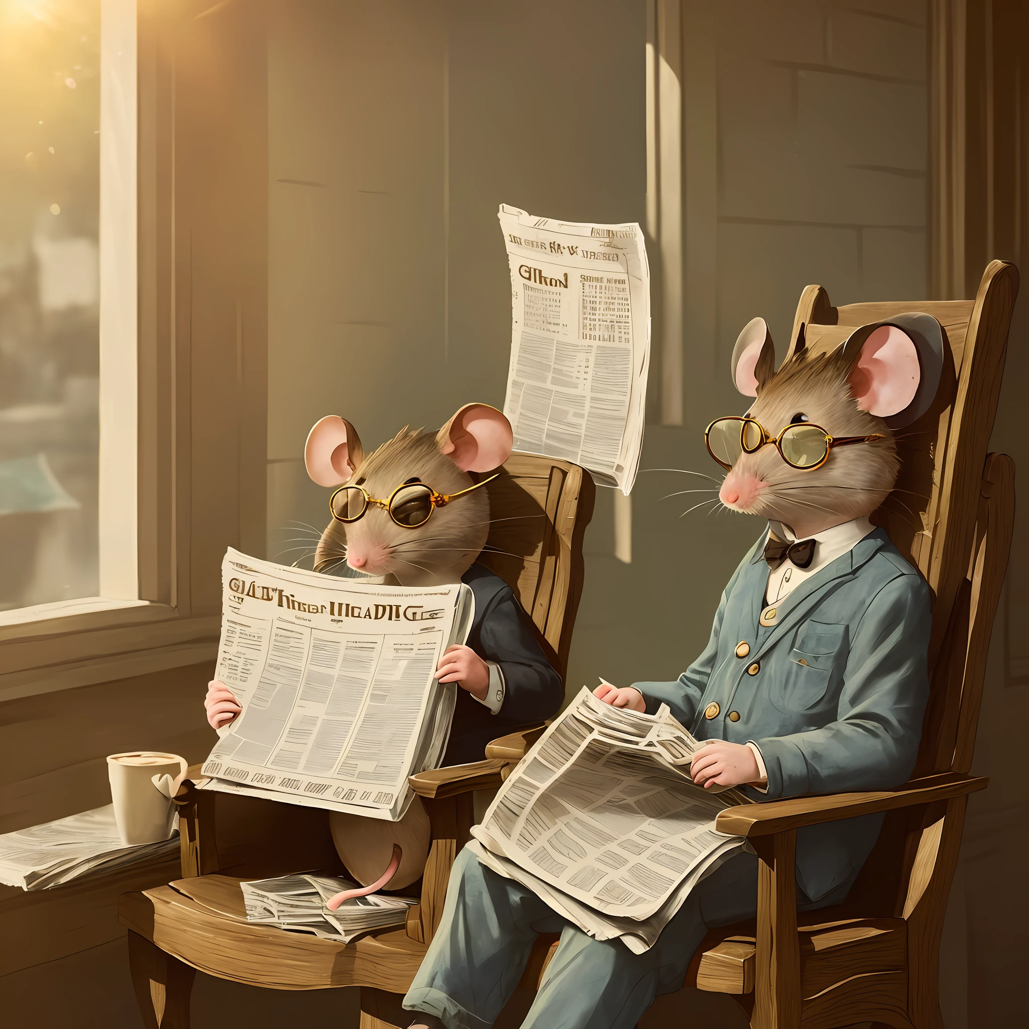 (a cute mouse:1.3),(with glasses:1.1),(reading a newspaper:1.4),(sitting on an old chair:1.2),(golden hour lighting:1.2),(vintage feel:1.2),(limited color palette:0.9)