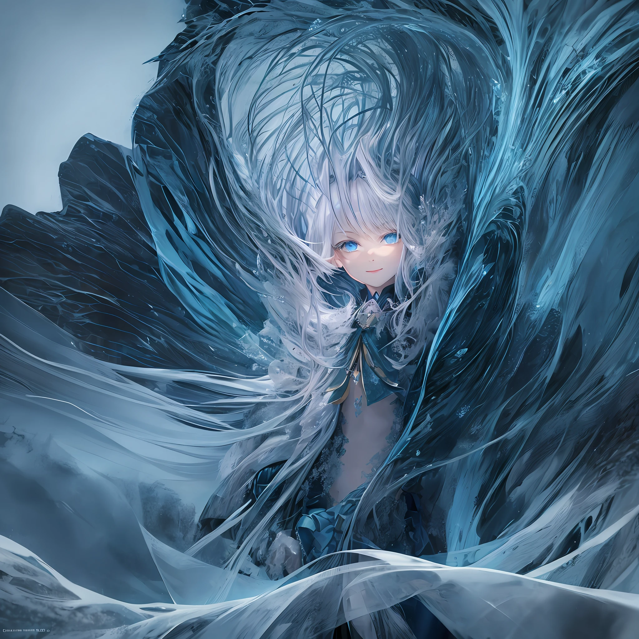 loli, leprechaun, white hair: long, blue eyes, small breasts, vest, garter, hair accessories, seductive smile, gaze, head tilt, behind arms, (slim), (thin legs: open legs), high detail, best quality, masterpiece, detailed ice, cumulonimbus clouds, beautiful details glow, ice crystal textured wings