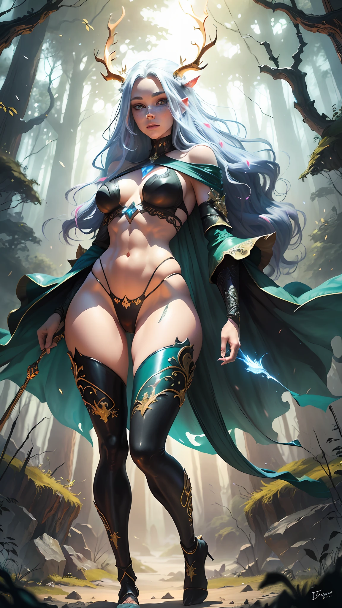 hand drawn sketch illustration of a beautiful dnd ifreet djinn girl with flaming red hair, blue eyes, symmetrical antlers, blue skin, leather armor with freckles and bright striking blue eyes posing for a photo,full body, bare shoulders, muscular, fit, defined abs, thongs, (prominent cameltoe) white freckles, long flowing green hair flying, glowing radiance, beautiful pale makeup, color portrait, stunning portrait, elegant freckles, wearing black thongs with glowing runes of power, black gloves, star-shine, gold dust spread across her skin and her face, (dark, hyper-realistic photos (((portrait))) refraction ,Dark background of magical night forest, deep woods, towering ruins, starlight skies, A mystical and epic landscape, featuring a fantastical and surreal world of floating islands, giant trees, and mythical creatures, that transport the viewer to a world of imagination and wonder, artstation, digital art, intricate, trending, bright colors suitable for viewing in public places