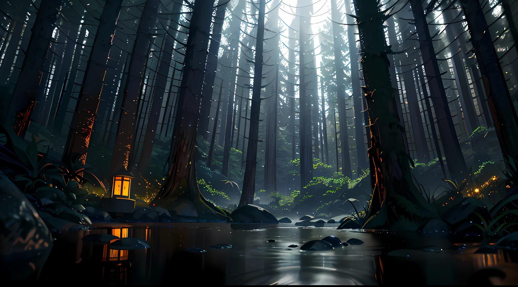 Wallpaper, Forest, Magical, Fantasy, Rainy, Nighttime, Beautiful Sky, Ultra Detail, Cinematic, Hyper Realism, Soft Light, Deep Field Focus Bokeh, Ray Tracing, Diffuse (extra fine glass reflections) and Hyper Realism
