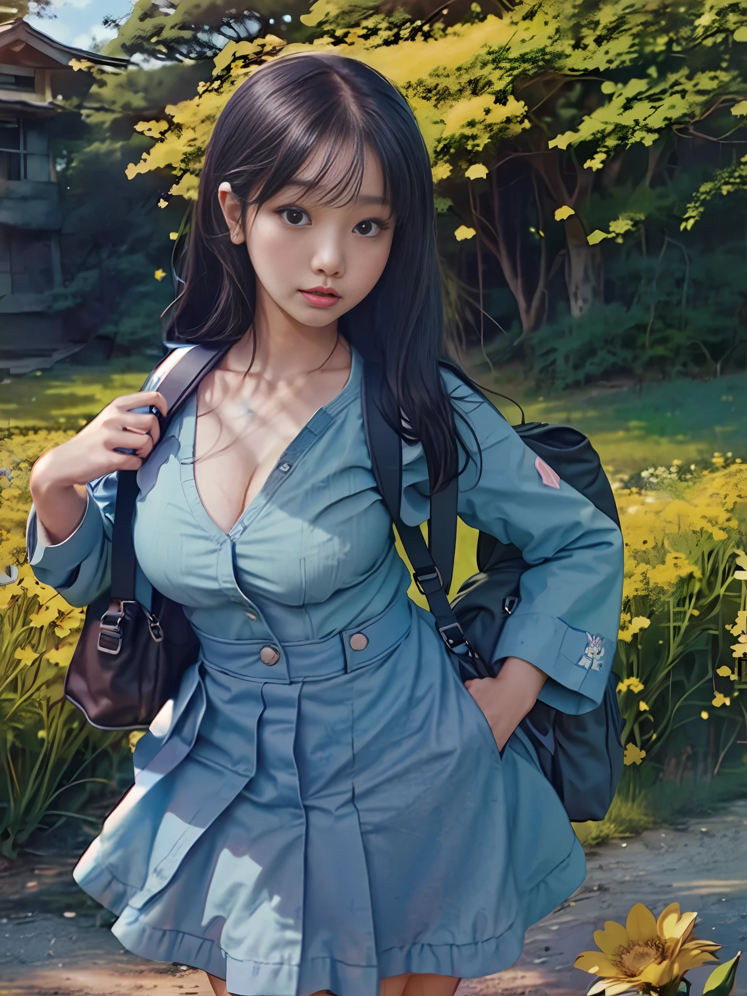 Tip: A very charming Nicki Minaj as a Japanese schoolgirl with a backpack and her cute puppy enjoying a lovely spring outing surrounded by beautiful yellow flowers and nature. The illustration is a high-definition illustration in 4k resolution, featuring highly detailed facial features and cartoon-style visuals, kawaii, cute, cleavage, large breasts, perfect composition