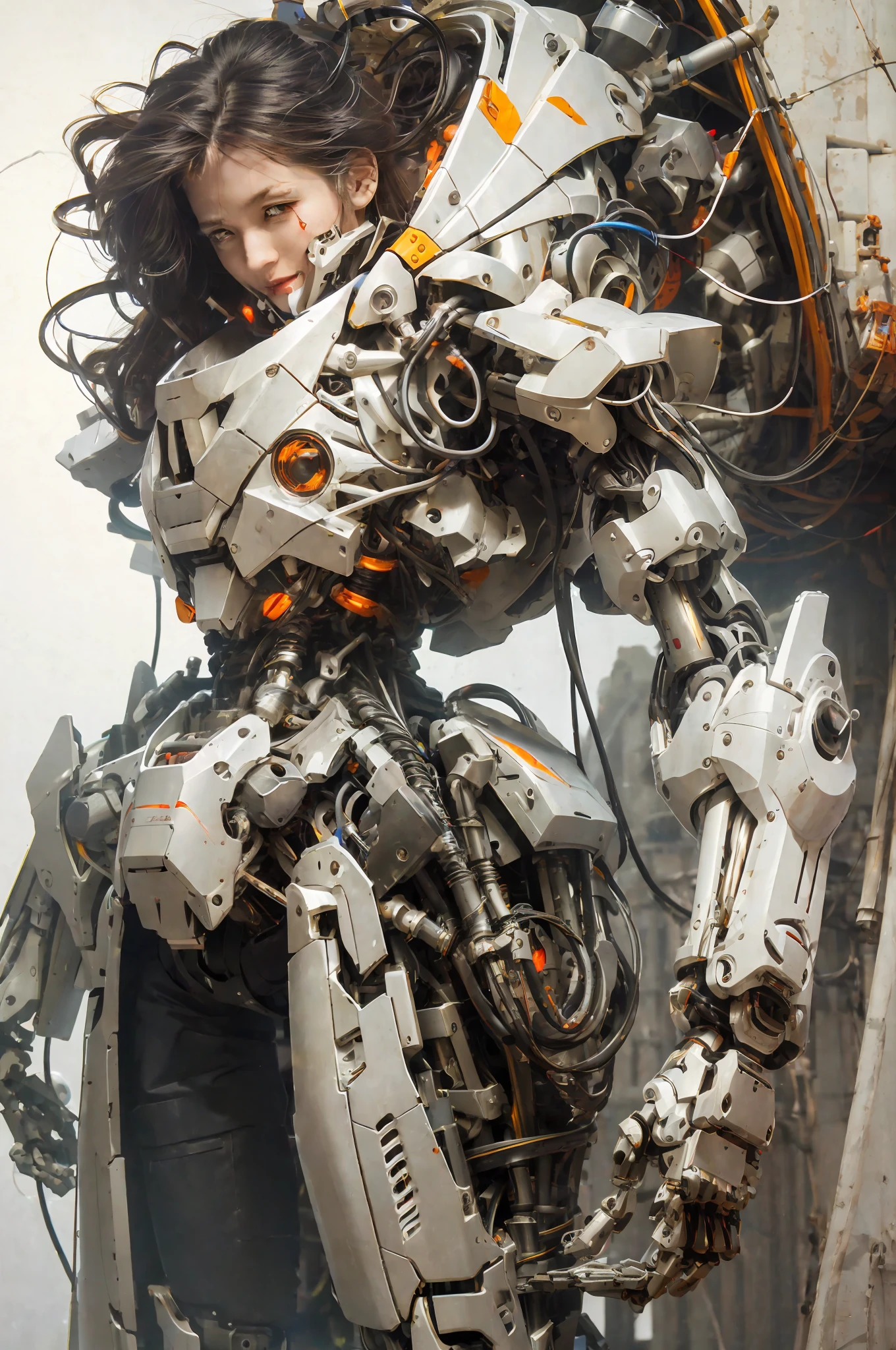 1 woman inside a huge bulky exoskeleton robot , ((bulky)) armor, mecha,
ink, clean lines, negative space, high contrast, gradient color,(((masterpiece))), ((best quality)), (ultra-detailed), (CG illustration), (an extremely devious and beautiful)), cinematic light, ((mechanical girl)), single, (machine-made joints: 1.4), ((mechanical limbs)), ( blood vessels attached to the tube), ((mechanical cervical vertebrae attached to the neck), (wires and cables attached to the head and body: 1.5), dynamic pose, dynamic light
