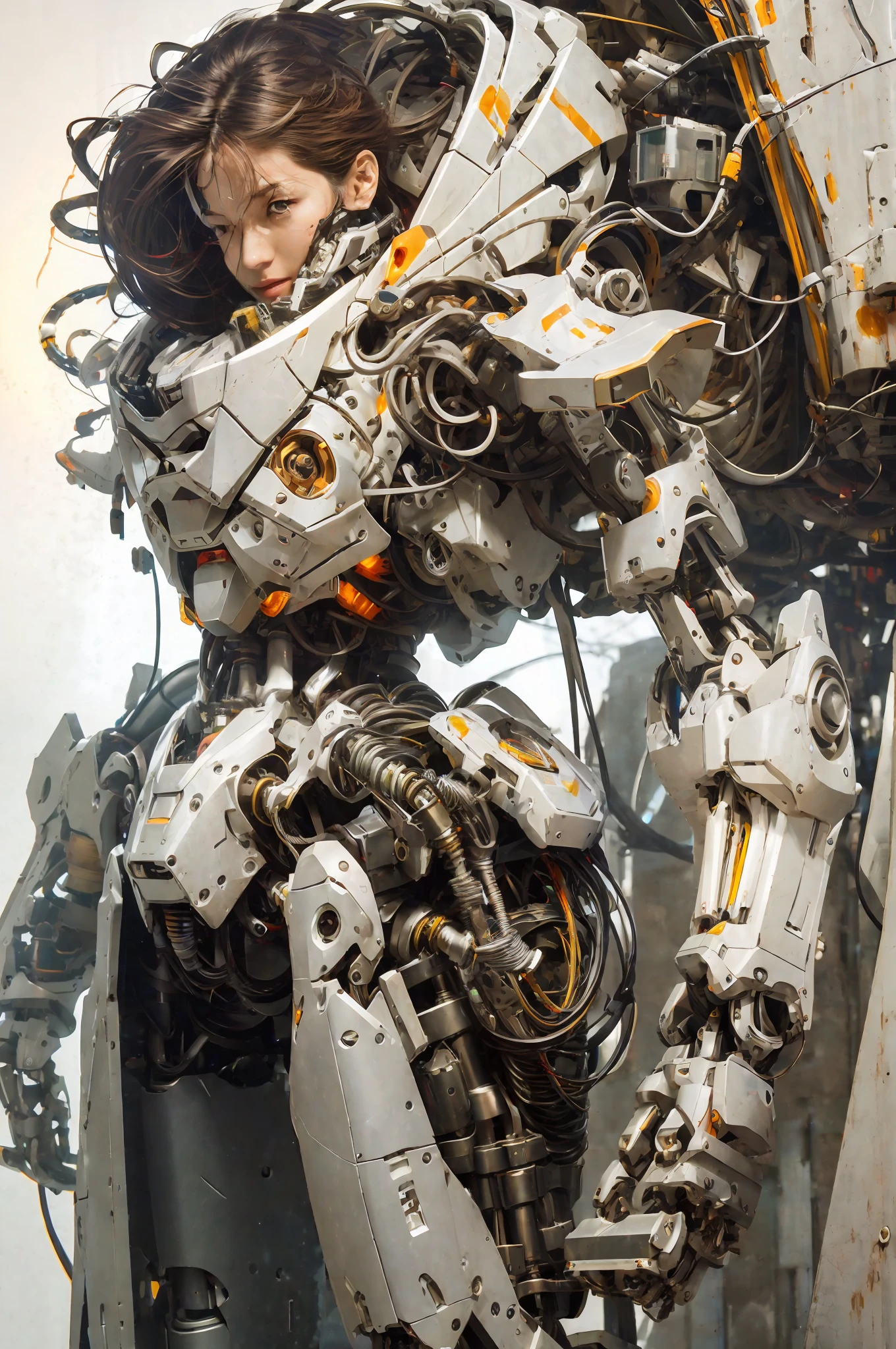 1 woman inside a huge bulky exoskeleton robot , ((bulky)) armor, mecha,
ink, clean lines, negative space, high contrast, gradient color,(((masterpiece))), ((best quality)), (ultra-detailed), (CG illustration), (an extremely devious and beautiful)), cinematic light, ((mechanical girl)), single, (machine-made joints: 1.4), ((mechanical limbs)), ( blood vessels attached to the tube), ((mechanical cervical vertebrae attached to the neck), (wires and cables attached to the head and body: 1.5), dynamic pose, dynamic light