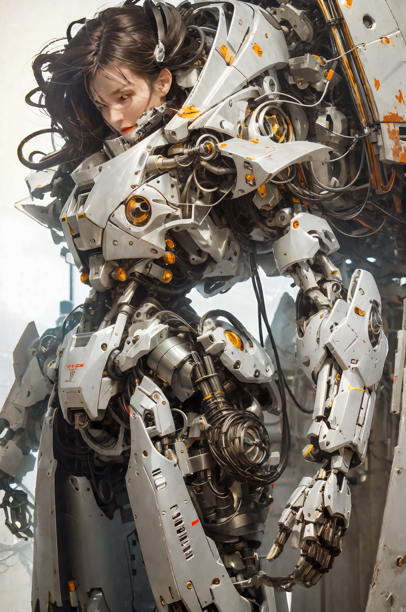 1 woman inside a huge bulky exoskeleton robot , ((bulky)) armor, mecha,
ink, clean lines, negative space, high contrast, gradient color,(((masterpiece))), ((best quality)), (ultra-detailed), (CG illustration), (an extremely devious and beautiful)), cinematic light, ((mechanical girl)), single, (machine-made joints: 1.4), ((mechanical limbs)), ( blood vessels attached to the tube), ((mechanical cervical vertebrae attached to the neck), (wires and cables attached to the head and body: 1.5), dynamic pose, dynamic light