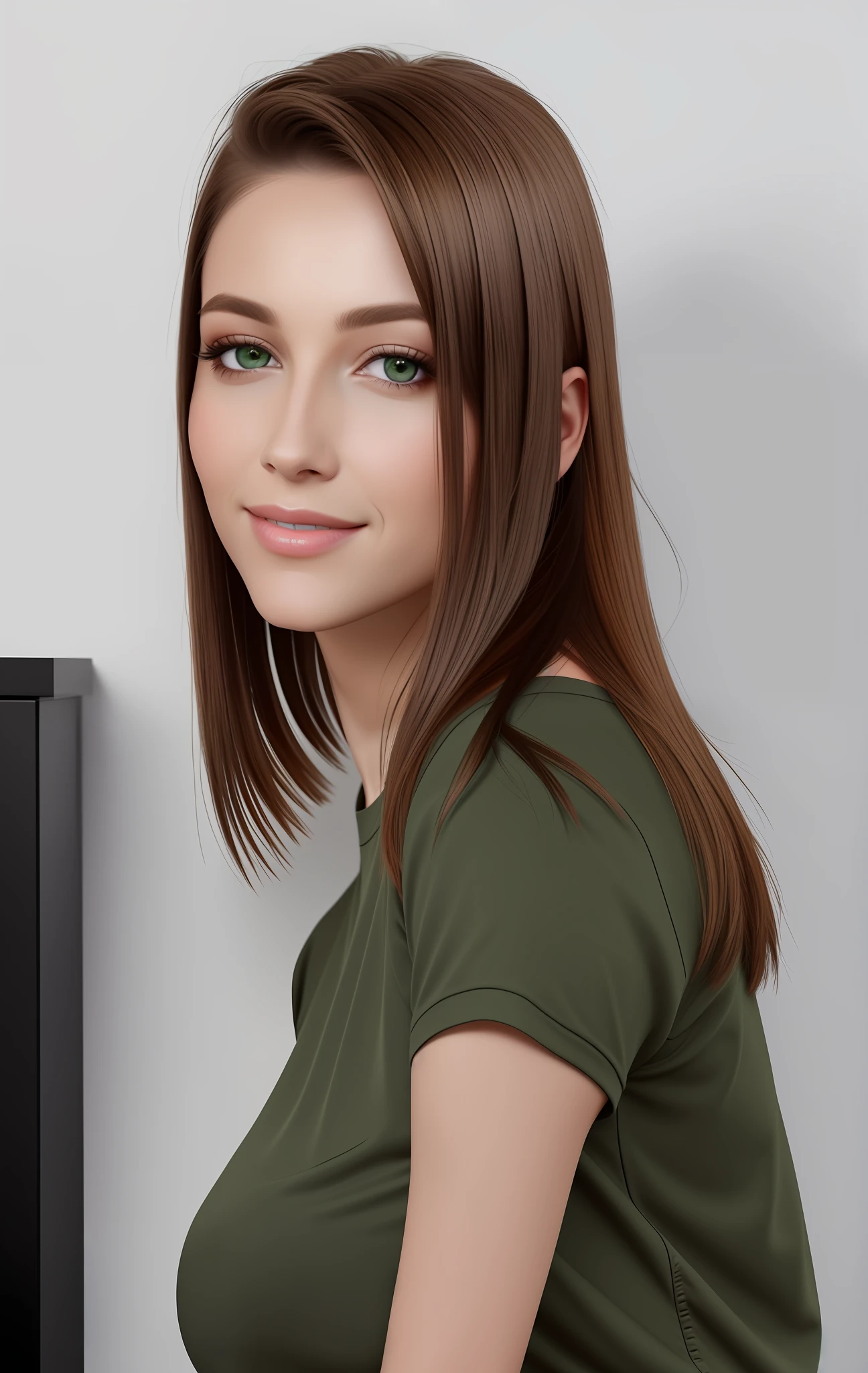 8k uhd, photorealistic, super detailed, very detailed face, detailed skin, looking on me, short brown bob, at home, (black T-shirt with wide neck), solo, expressive look, subtle smile, mistress, upper body, natural beauty, portrait, (25 years old woman), neck, drinks coffee in kitchen, (sexy makeup:0.6), black eyeshadows, breast size C, casual outfit, comfort, (thin lips:1.3), dark emerald eyes