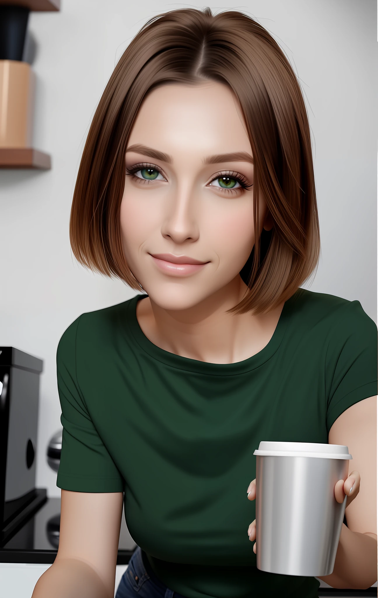 8k uhd, photorealistic, super detailed, very detailed face, detailed skin, looking on me, short brown bob, at home, (black T-shirt with wide neck), solo, expressive look, subtle smile, mistress, upper body, natural beauty, portrait, (25 years old woman), neck, drinks coffee in kitchen, (sexy makeup:0.6), black eyeshadows, breast size C, casual outfit, comfort, (thin lips:1.3), dark emerald eyes