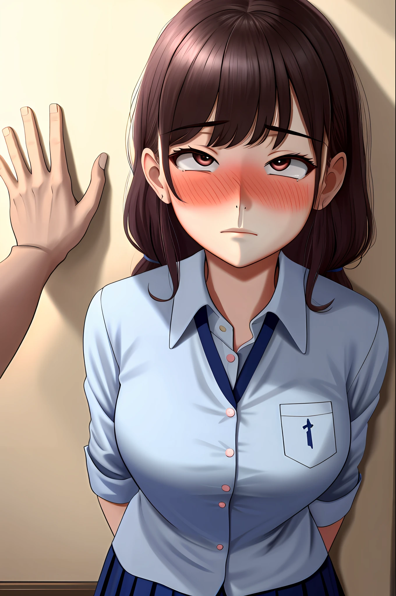masterpiece, best quality, highres, 1girl, school uniform, shy, blush, arms behind back, kabedon, pov