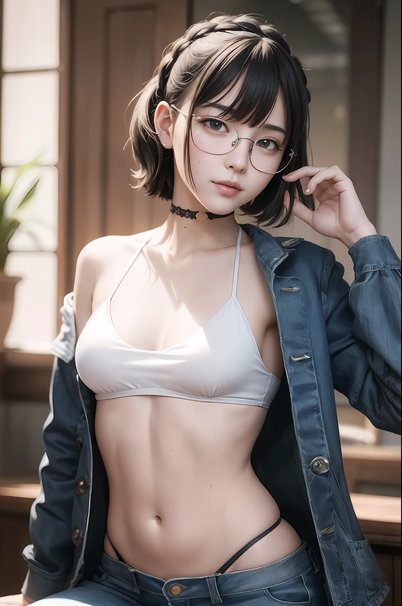 (anime style), ((masterpiece, best quality, highres, adult female)), realism, 1girl, ((tiny breast, highleg thong)), (jacket, crop top, jeans, choker, glasses), cute face, beautiful, short hair, braided hair, collar, TONED ABs, glasses, glistening skin, wet skin, shy expression, outdoor, low angle, mouth closed, smiling  ((detailed facial features)), shallow depth of field, [volumetric fog], cinematic lighting, reflections, 8k resolution, delicate,absurdres,realism, absurdres, High Detail, (ray tracing), highres, ultra detailed, physically-based rendering, ultra realistic, natural lighting, (extremely detailed CG 8k wallpaper), (an extremely delicate and beautiful), (masterpiece), (best quality:1.0), (ultra highres:1.0), beautiful lighting, realistic shadows, [highres], detailed skin, ultra-detailed, (realistic, photorealistic : 1.37)