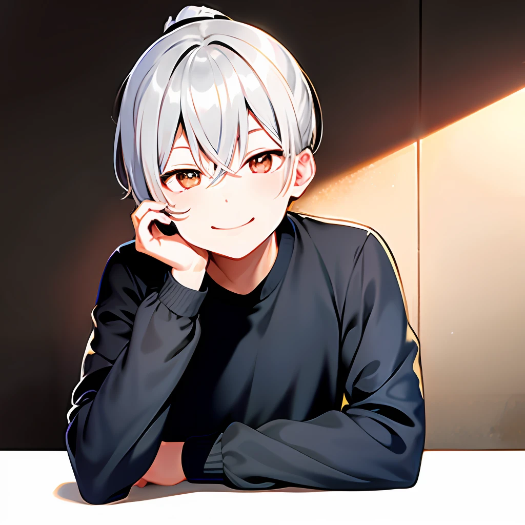 masterpiece, top quality, 1boy, boy, gray hair, ponytail, golden eyes, pose (clap in front of the face), smile
