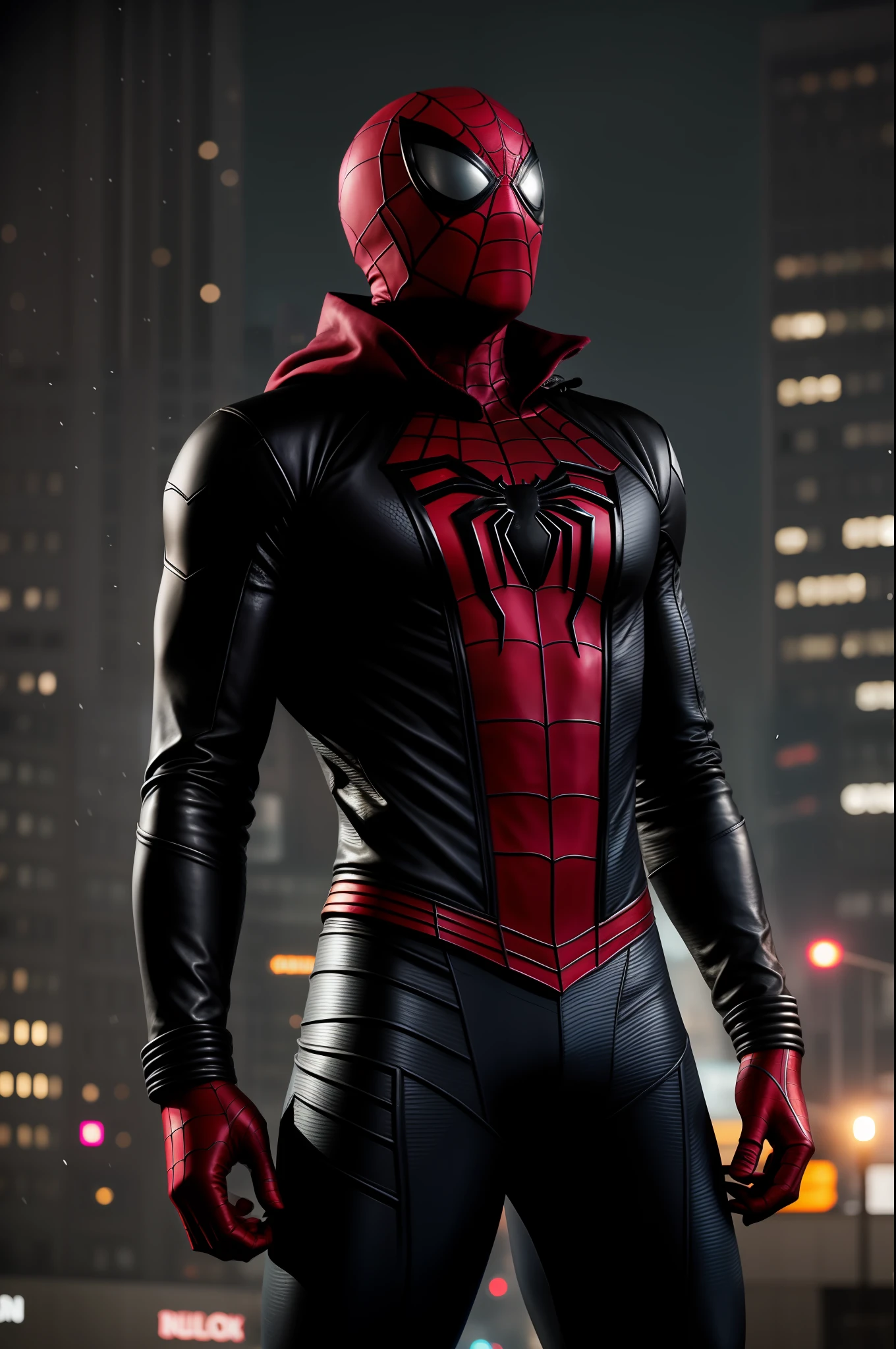 Realistic Spiderman Black, full body, (old shabby:1.3) leather Spiderman suit, (muscular arms:1.2),fly, background of the cyberpunk city, snowfall, Fujifilm X-T4, 35 mm, cinematic lighting, ultra high detailed face and body, matte skin, pores, hyperdetailed, hyperrealistic), realistic, photography, HD, 8K, HD Highly Detailed,naturalism,shutterstock contest winner,trending on unsplash,featured on Flickr