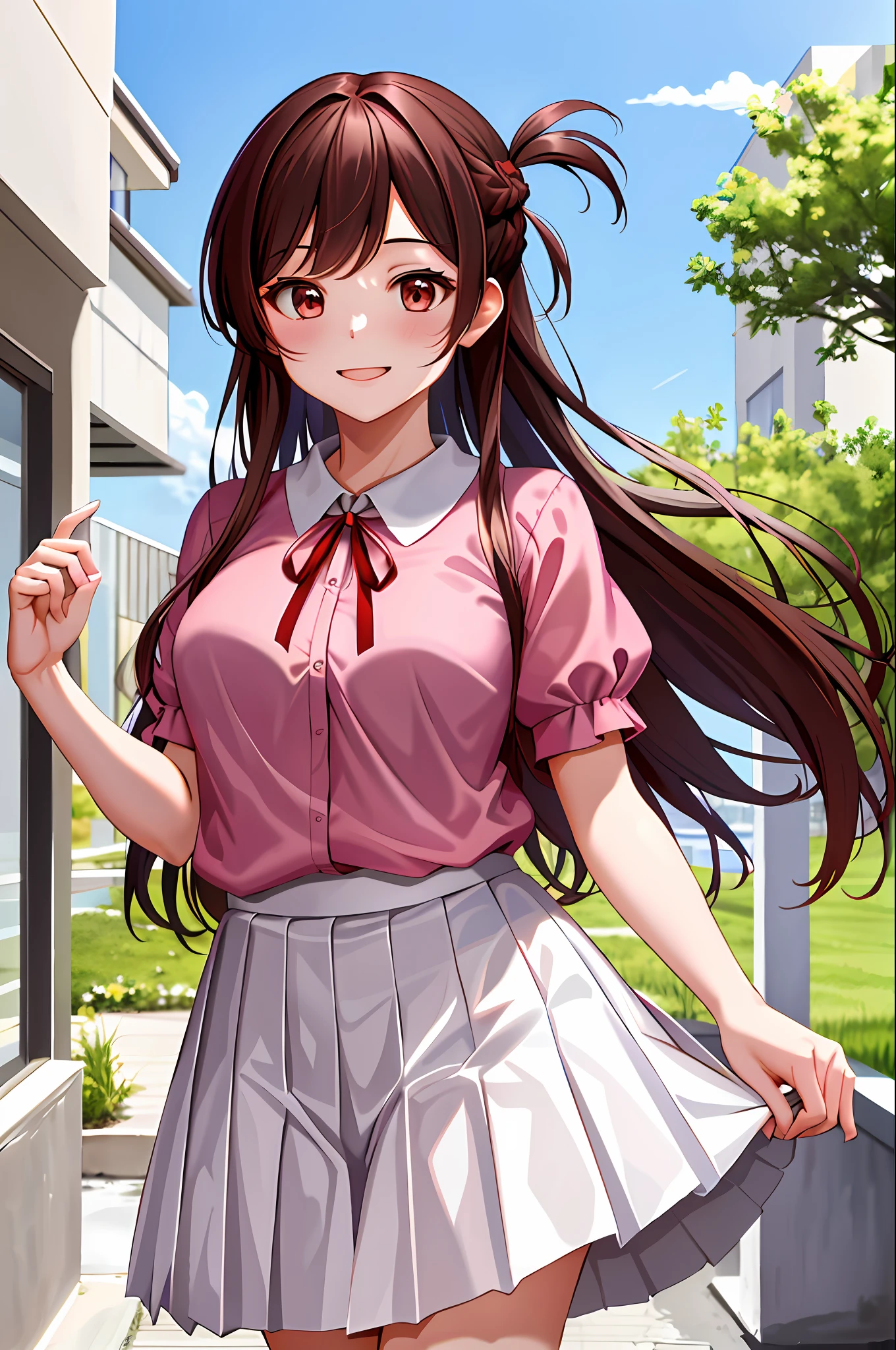 masterpiece, Best Quality, High Resolution, CHI1, 1girl, Long Hair, Braid, Single Side Up, Solo, White Skirt, Red Ribbon, Pink Shirt, Pleated Skirt Panties, Bangs, Neck Ribbon, Puffy Short Sleeves, Cowboy Shot, Outdoors, Smile,
