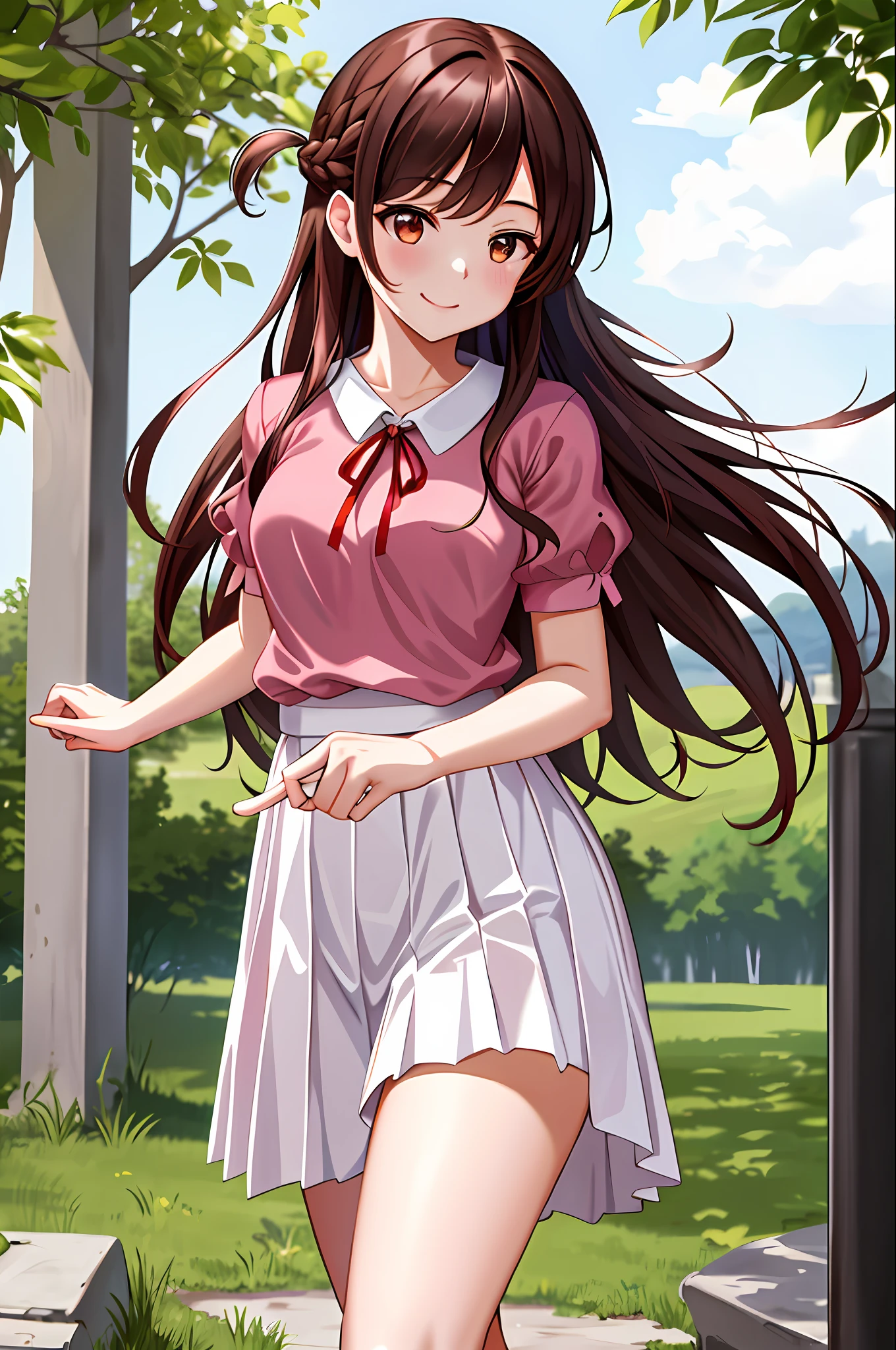 masterpiece, Best Quality, High Resolution, CHI1, 1girl, Long Hair, Braid, Single Side Up, Solo, White Skirt, Red Ribbon, Pink Shirt, Pleated Skirt Panties, Bangs, Neck Ribbon, Puffy Short Sleeves, Cowboy Shot, Outdoors, Smile,