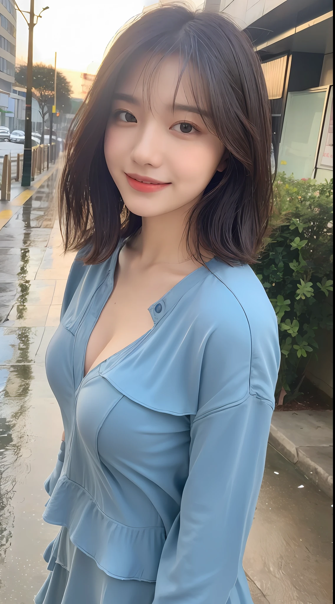 ((Best Quality, 8K, Masterpiece:1.3)), Focus: 1.2, Perfect Body Beauty: 1.4, Buttocks: 1.2, ((Layered Haircut, Breasts: 1.2)), (Wet Clothes: 1.1), (Rain, Street:1.3), Bandeau Dress: 1.1, Highly Detailed Face and Skin Texture, Fine Eyes, Double Eyelids, Whitening Skin, Long Hair, (Shut Up: 1.3), Smile
